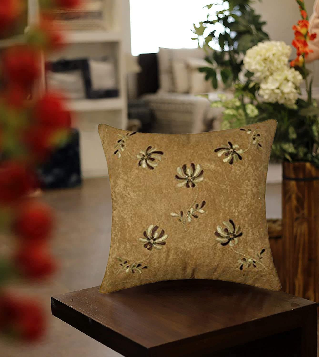 SAJAVAT HOME SH_S_A18S30 Dupion Silk Stripe APLIC Work Cushion Cover (Pack of 1) 16x16 INCHES/40x40 cm Maroon (Exclusive Edition) (Beige Brown, Dupion Silk)