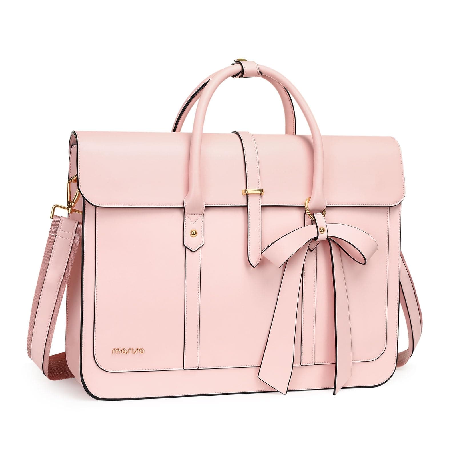 Laptop Bag for Women, 15-15.6 inch PU Leather Laptop Shoulder Bags Convertible Backpack, 16 inch Messenger Bags Casual Handbag Work Briefcase Travel Computer Bag with Bowknot, Pink