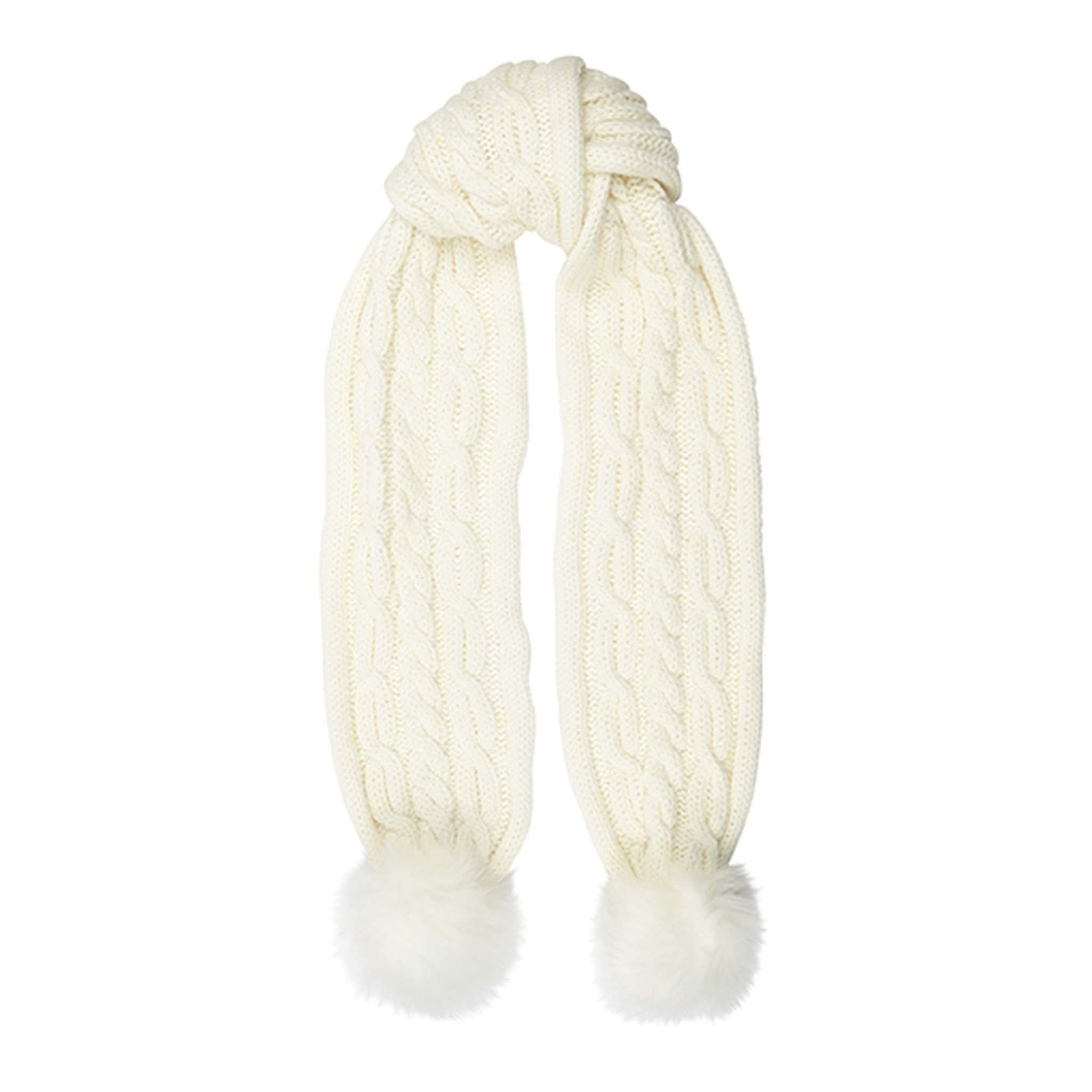 Aran TraditionsLarge Cable Knit Style Faux Fur PomPom Scarf