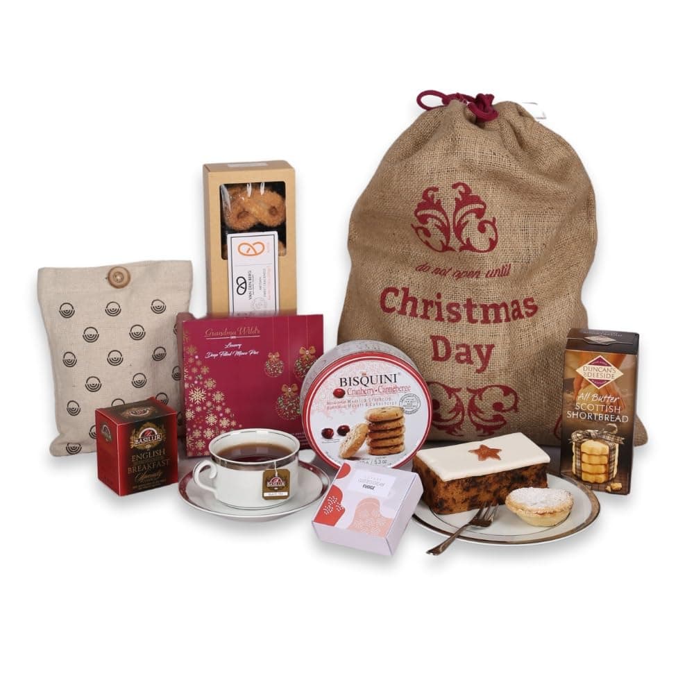 Sponsored Ad – Afternoon Tea Hamper with Santa Sack, Shortbread Biscuits, Mince Pies, Fruit Cake & More - Couples Christmas Gifts, Festive Treats, Christmas Hampers & Gourmet Gifts for Men or Women - by Hay Hampers