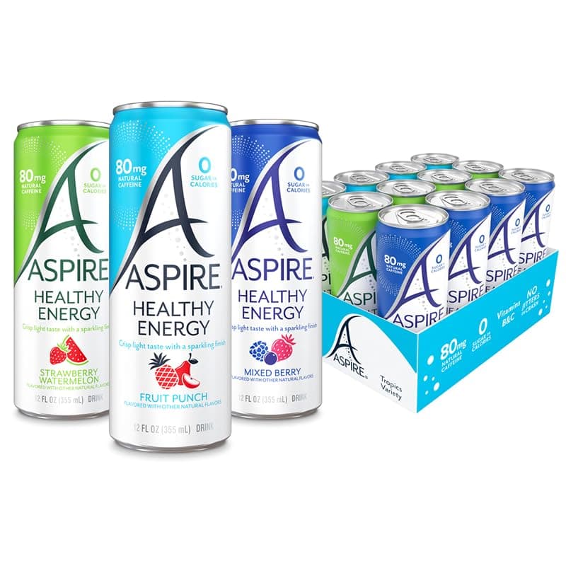 ASPIRE® The Fan Favorite Variety Pack, Healthy Energy Drink 80mg Natural Caffeine, Zero Sugar No Carbs Keto Friendly, 12 Pack Green Tea Sugar Free Drink Low Caffeine Zero Calorie