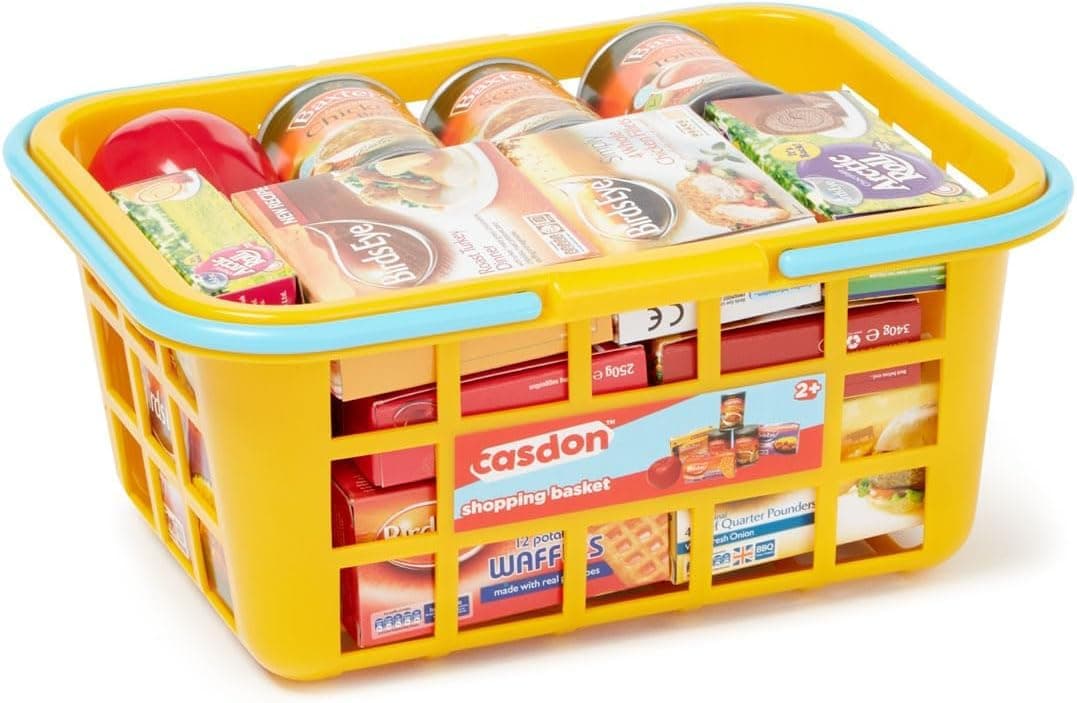 Casdon 62801.AMA002 Colourful Toy Shopping Basket for Children Aged 2+ | Comes with Miniature Versions of Popular Branded Foods, Yellow