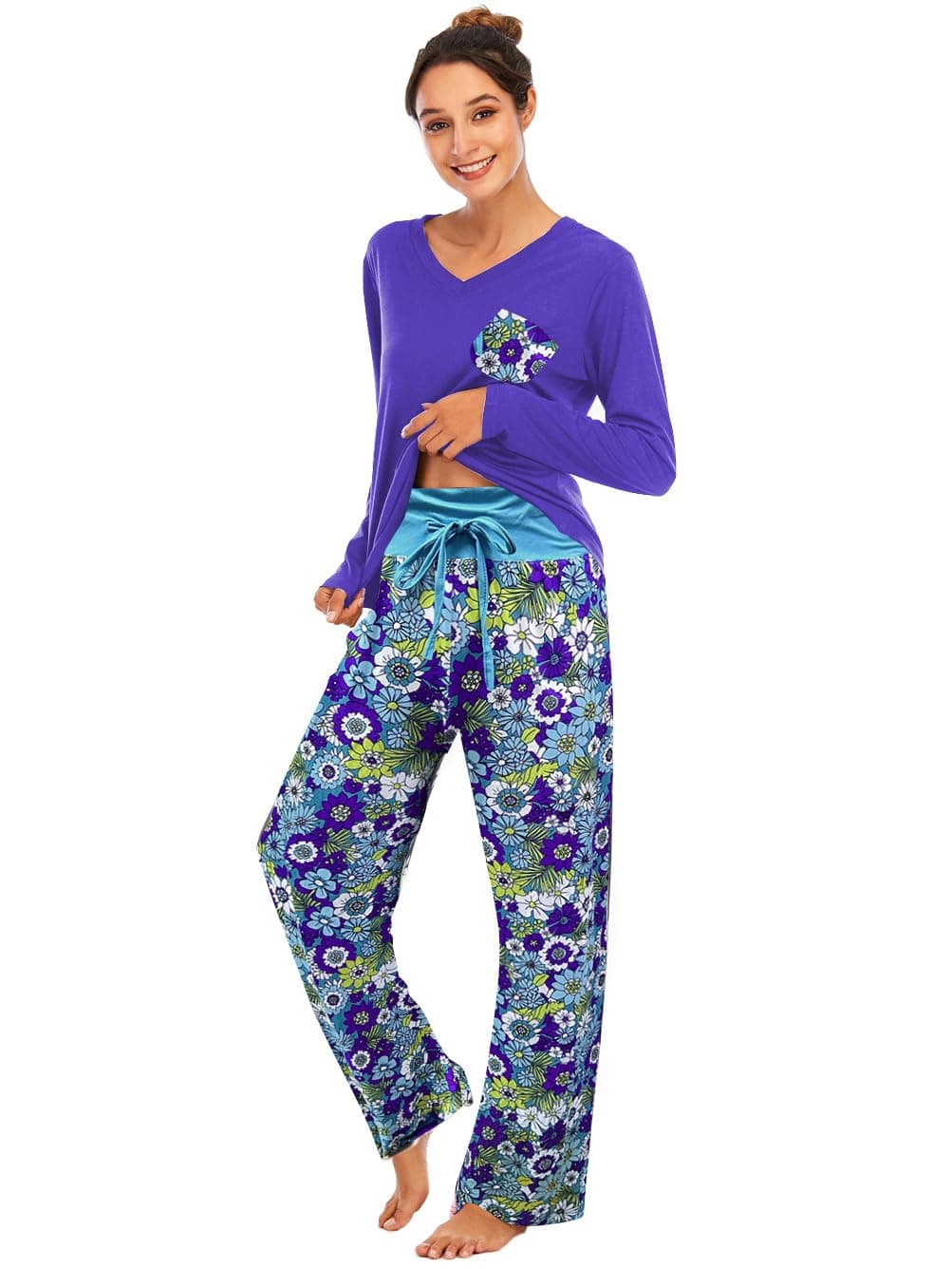 FamulilyWomen Comfy Pajamas, Ladies Pyjamas Set Floral Printing Long Sleeve Loungewear Top and Wide Leg Pants Pjs Set Soft Nightwear Sleepwear