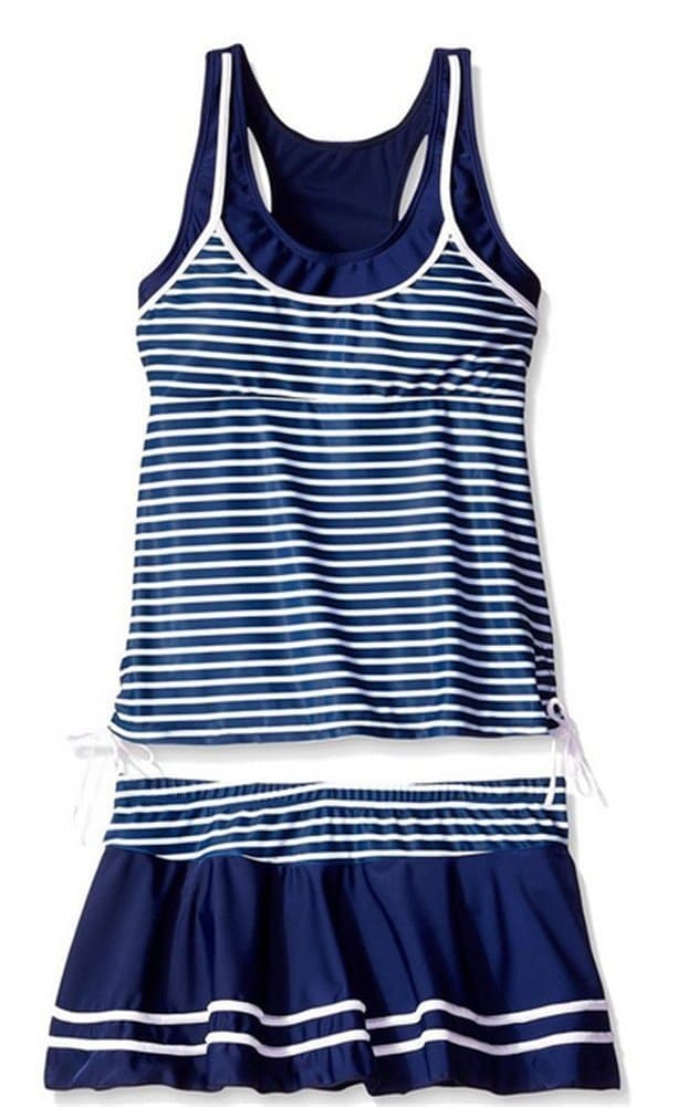 Banano Girls Tankini Striped Trapeze Swim Dress 2-Piece Swimsuit Set Navy L