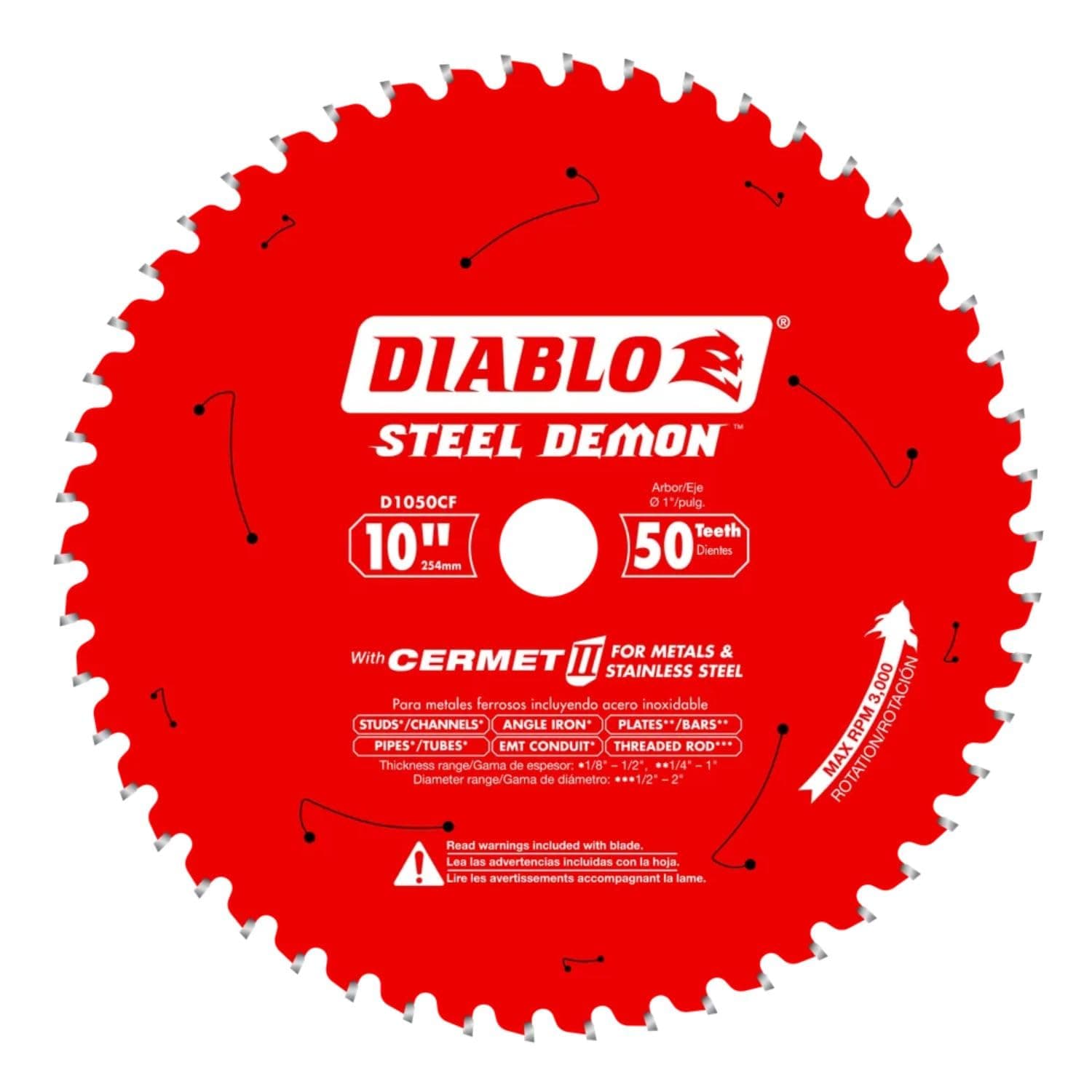 Diablo Steel Demon Cermet II Saw Blade for Medium Metal - 10" Diameter, 50 TCG Teeth, 1" Arbor, .083" Kerf, 0° Hook Angle, .071" Plate, 3000 Max RPM - D1050CF