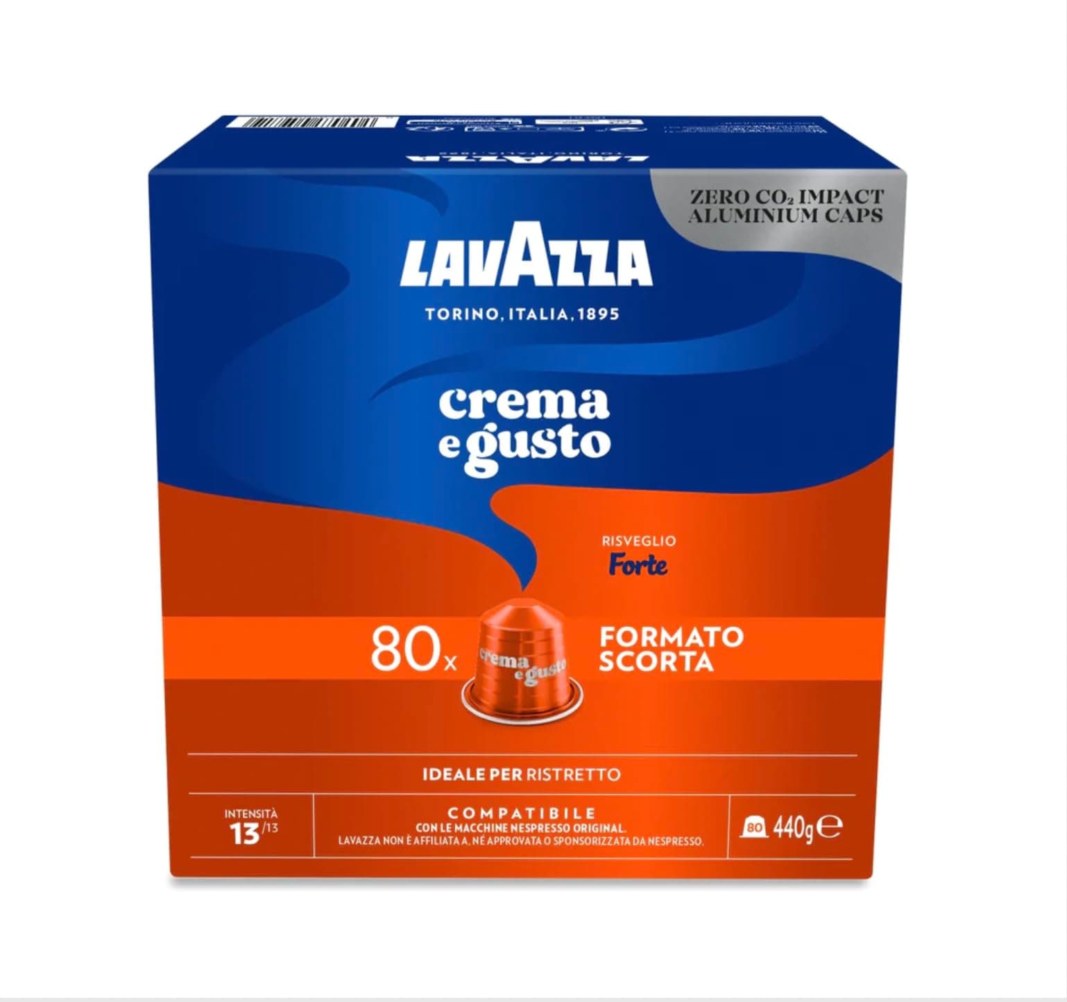 Lavazza Crema e Gusto Forte, 80 Aluminum Capsules Compatible with Nespresso* Original Machines, with Notes of Cocoa and Wood, Arabica and Robusta, Intensity 13/13, Dark Roast