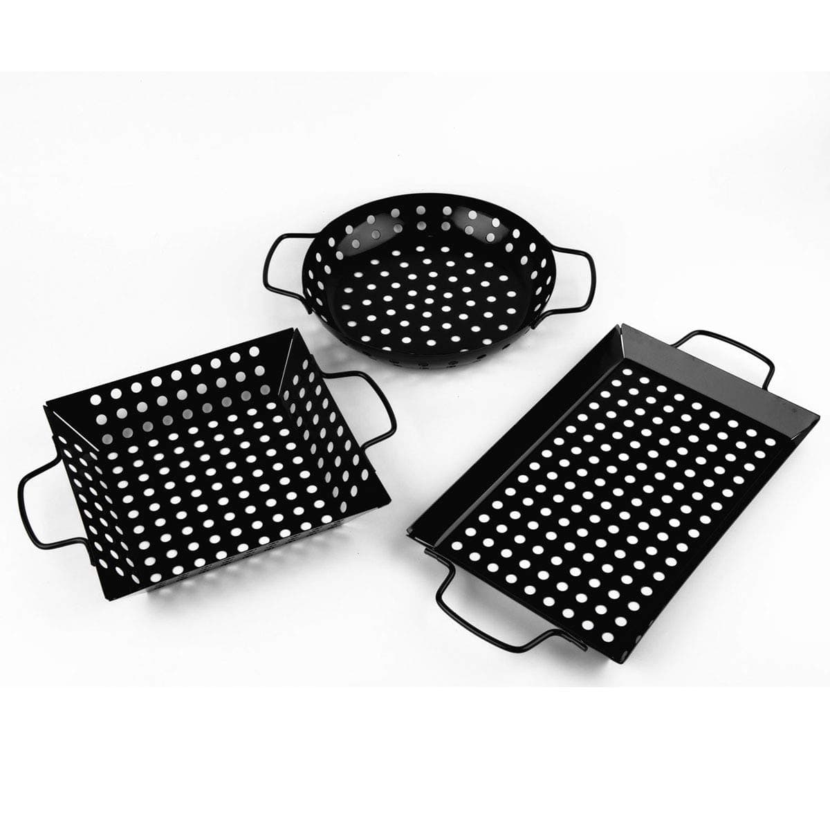 waykeaNon-stick BBQ Basket Set of 3 | Grill Tray with Holes Outdoor Cooking Accessory Wok Pan for Vegetable, Fish, Shrimp