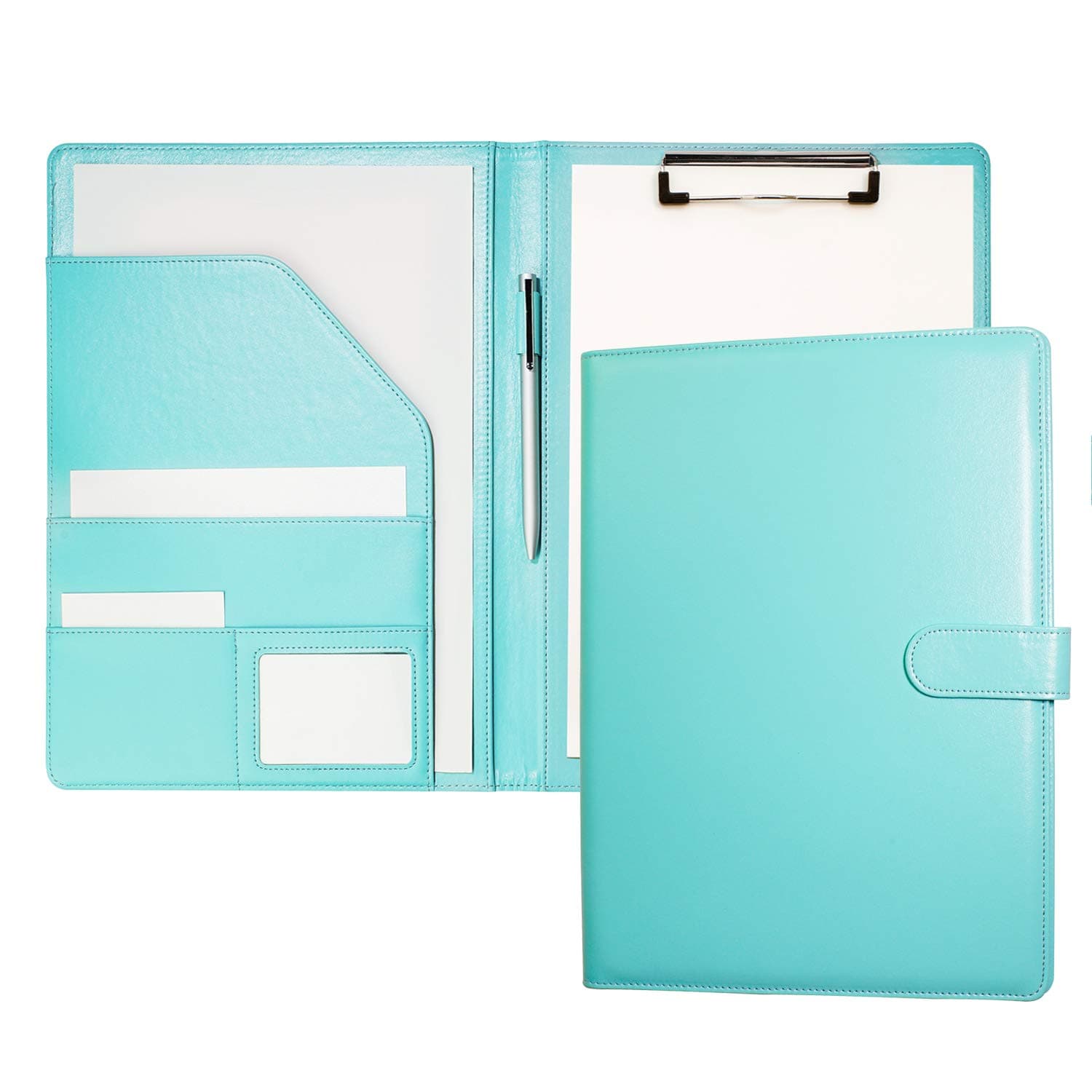 Clipboard Folder A4 Conference Folder Portfolio for Legal Pad, Faux Leather A4 Folder Work Writing Foldover Clipboard with Cover, Portfolio Organiser Folio Clip Board (Pale Turquoise)