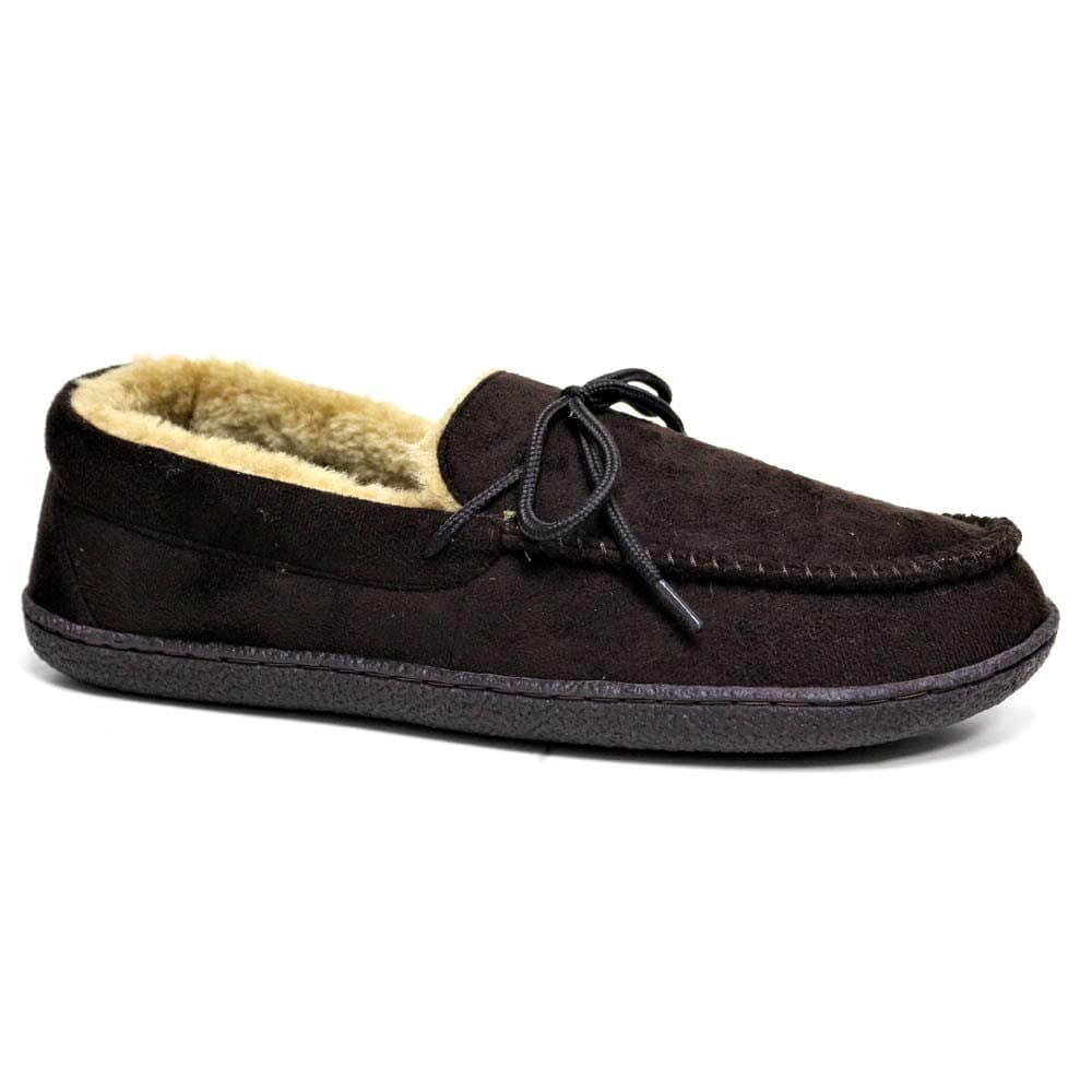 MENS MOCCASINS SLIPPERS LOAFERS FAUX SUEDE SHEEPSKIN FUR LINED WINTER SHOES SIZE (UK MENS SIZE 10, Brown)