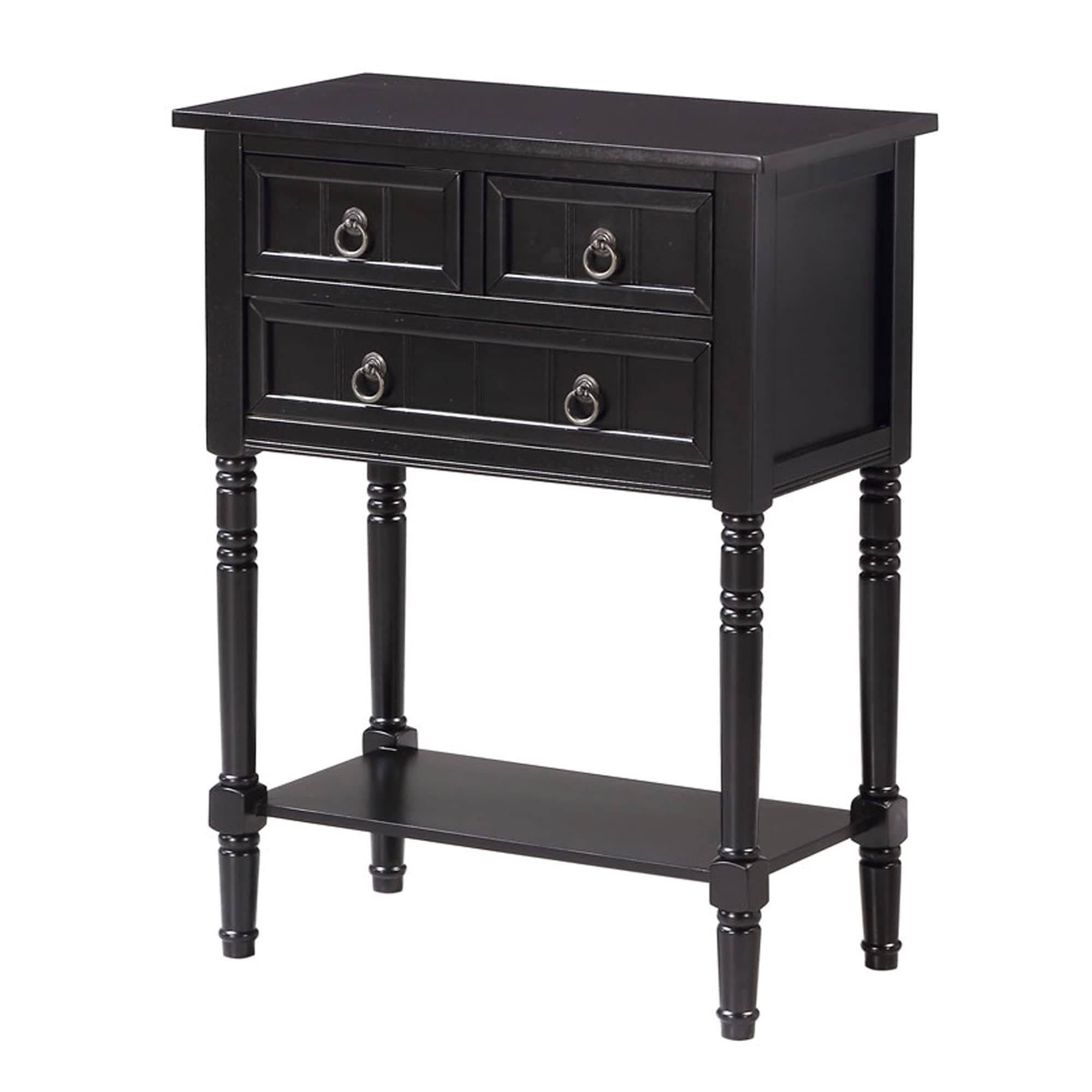 Kendra Entryway Hall Table 23.75" - 3 Storage Drawers, Traditional Console with Shelf for Decor, Office & Hallway Organizer, No Tools Assembly, Solid Wood Legs, Black