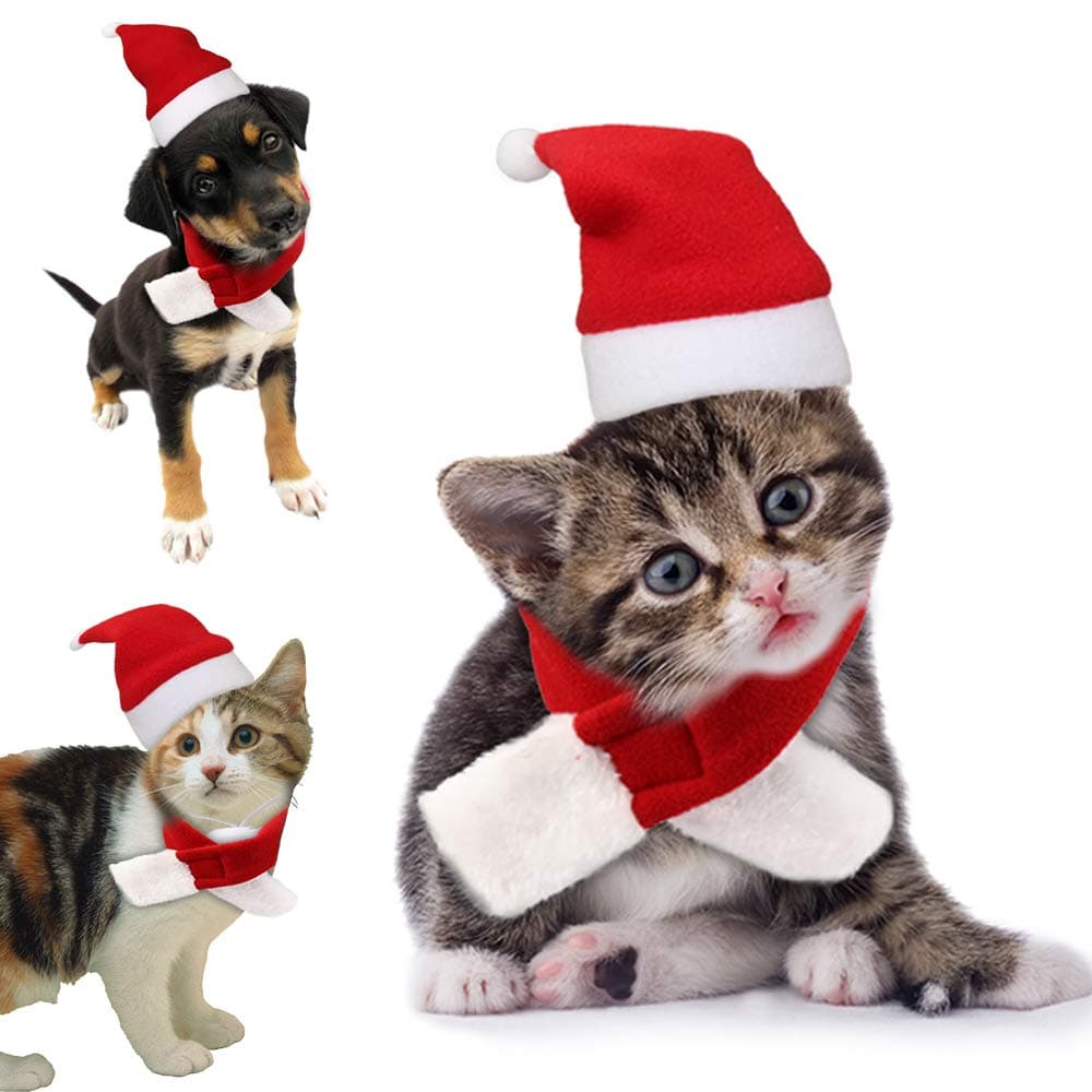 Cat Christmas Costume Santa Hat with Scarf Gift for Cute Pet Cats Small Dogs Xmas Outfits Clothes One Size