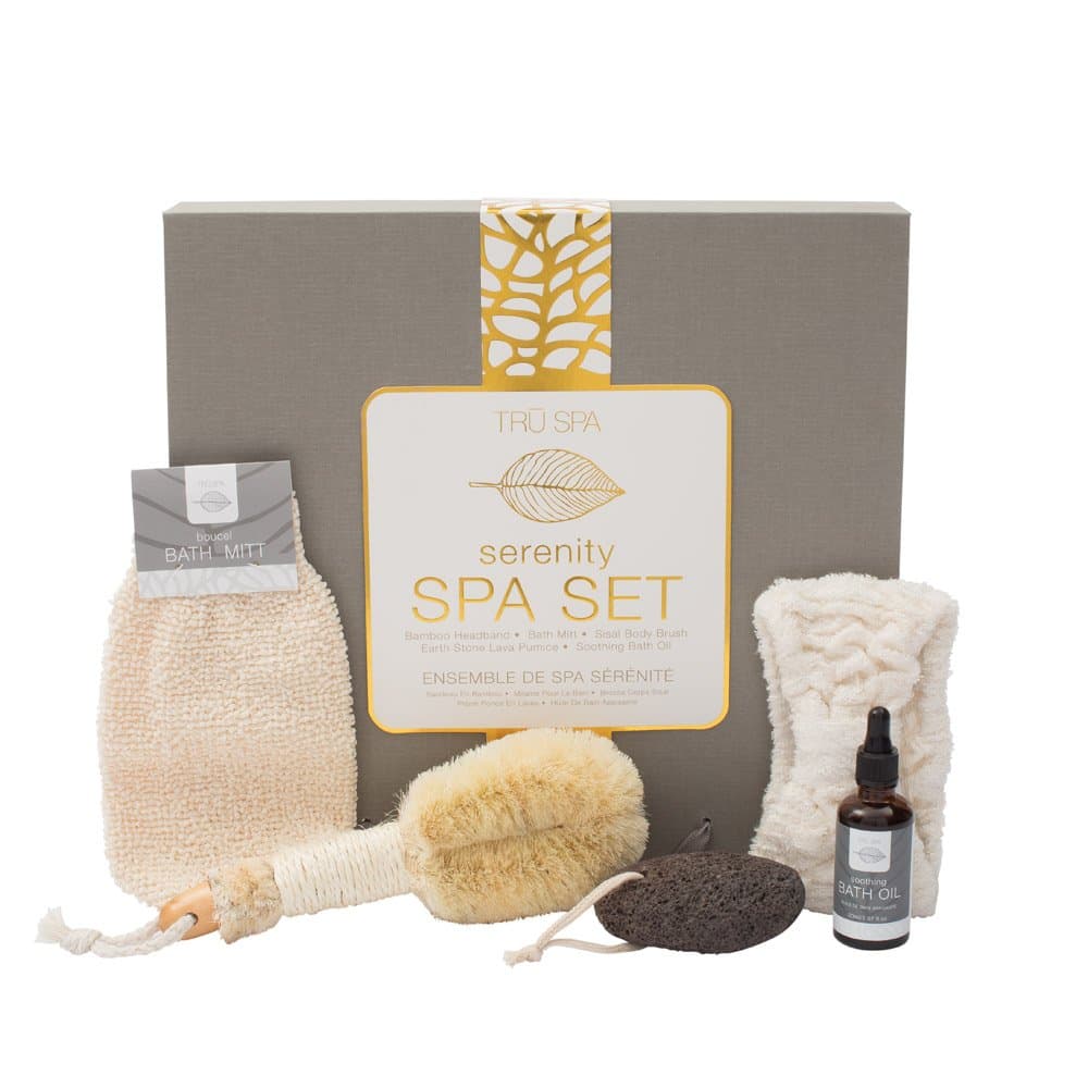 Tru Spa Serenity Spa Set, At Home Spa and Self Care, Includes Boucel Bath Mitt, Bath Scrubber, Soothing Bath Oil, Pumice Stone, and Bamboo Headband