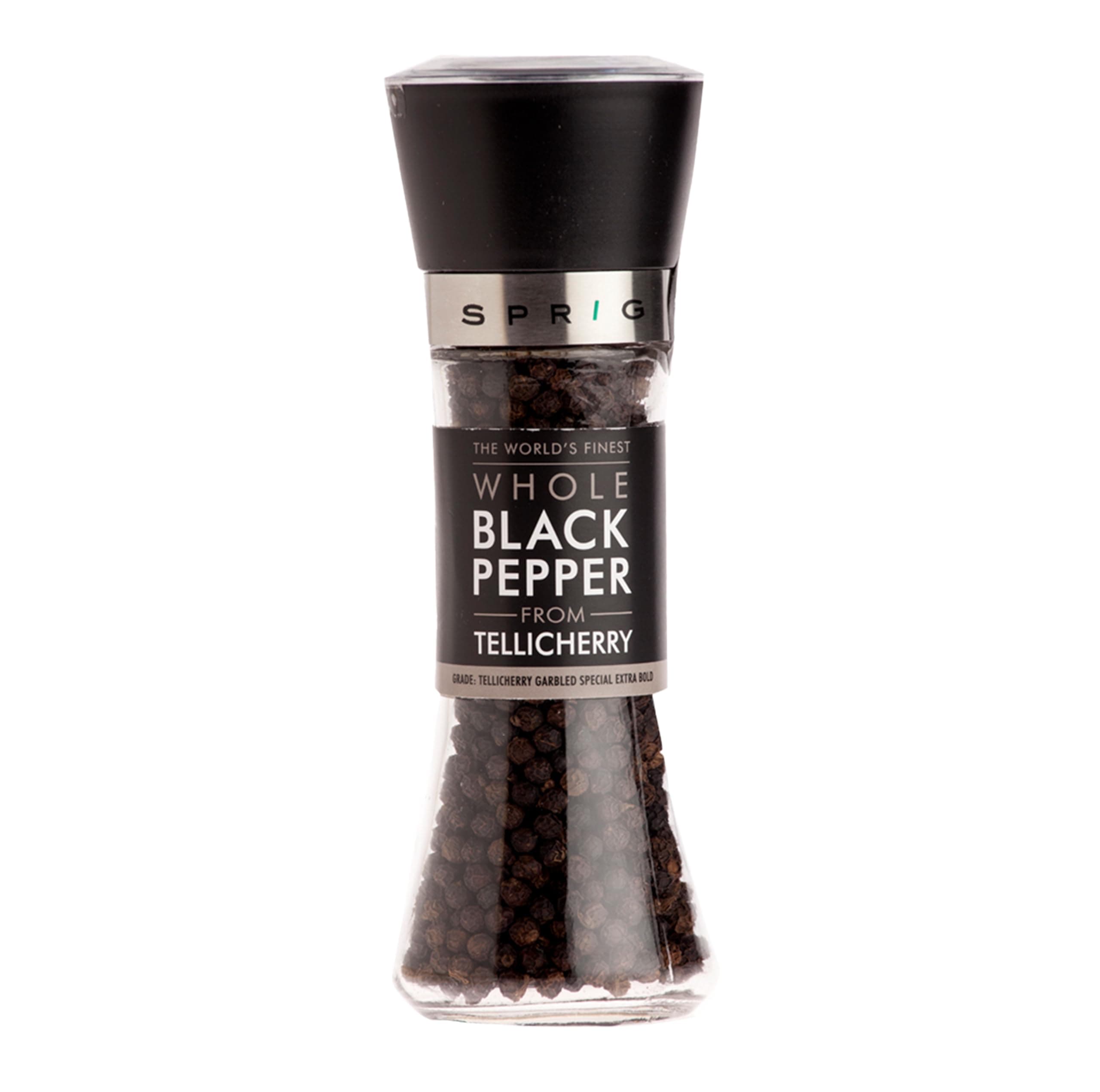 SPRIG The World's Finest Black Pepper | Grinder, 100gm | Superior Flavour & 60% Bigger | Chef's Choice | GRADE: TELLICHERRY GARBLED SPECIAL EXTRA BOLD | Adjustable Coarseness