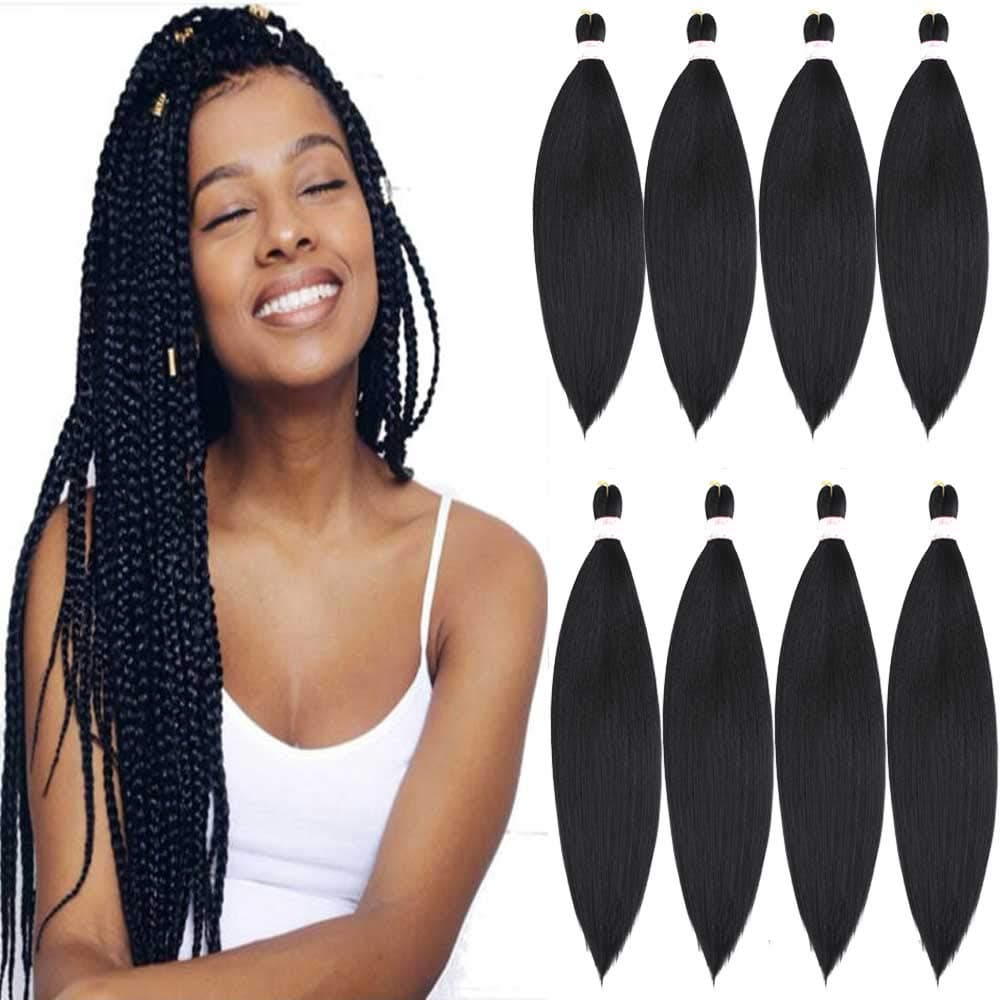 24 -(8Packs), 1B# : Befunny 8Pieces/Lot 24Inch Pre-Stretched Braiding Hair Professional Long Human Hair Extension For Braid/Twist Perm Yaki Straight Easy Braid Hair For Women Low