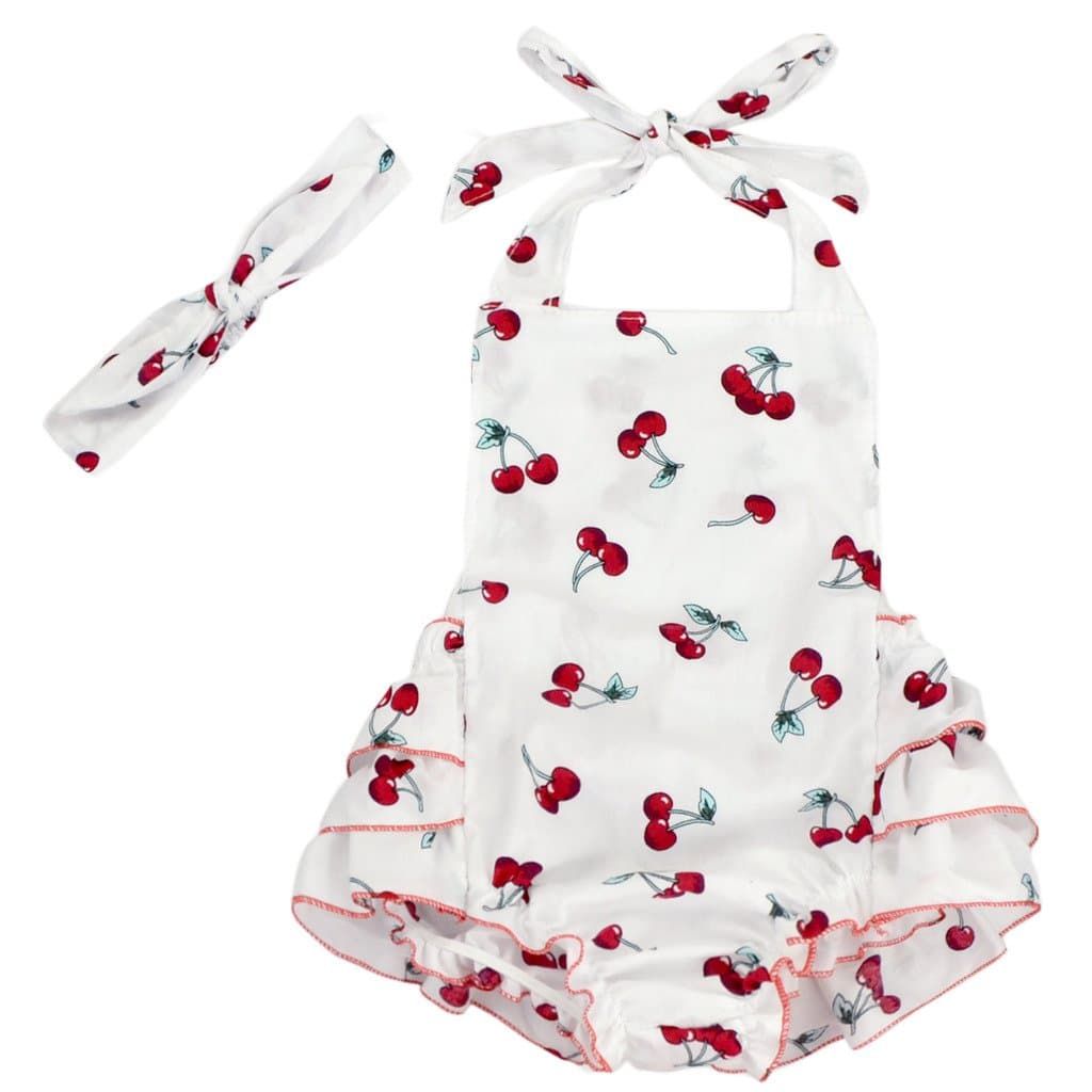 Floral Pom Rompers Cherry Baby Girls Swimsuits with Headband