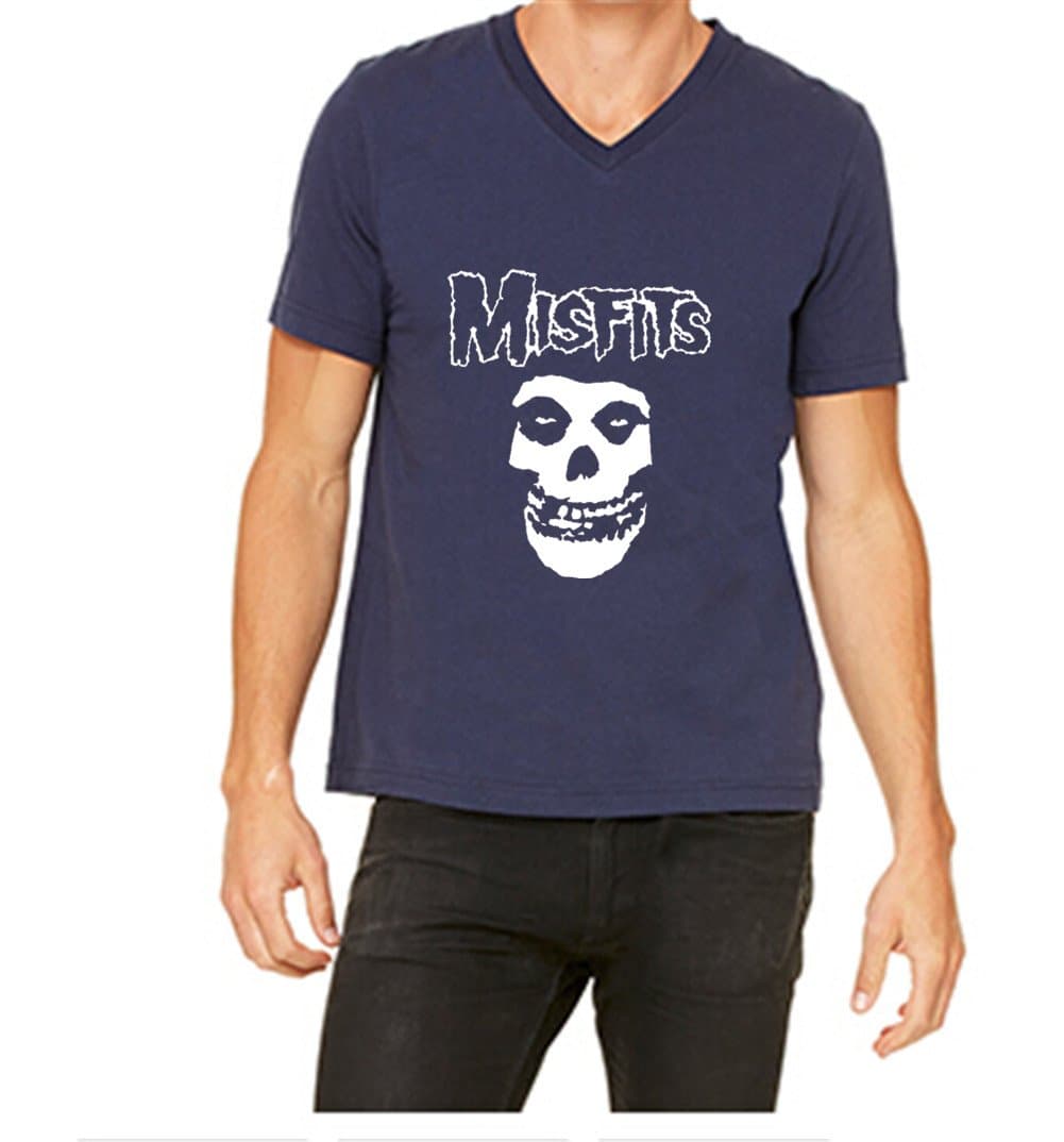 A0425 misfits Printed Mens V-Neck T-Shirt Medium Navy Blue