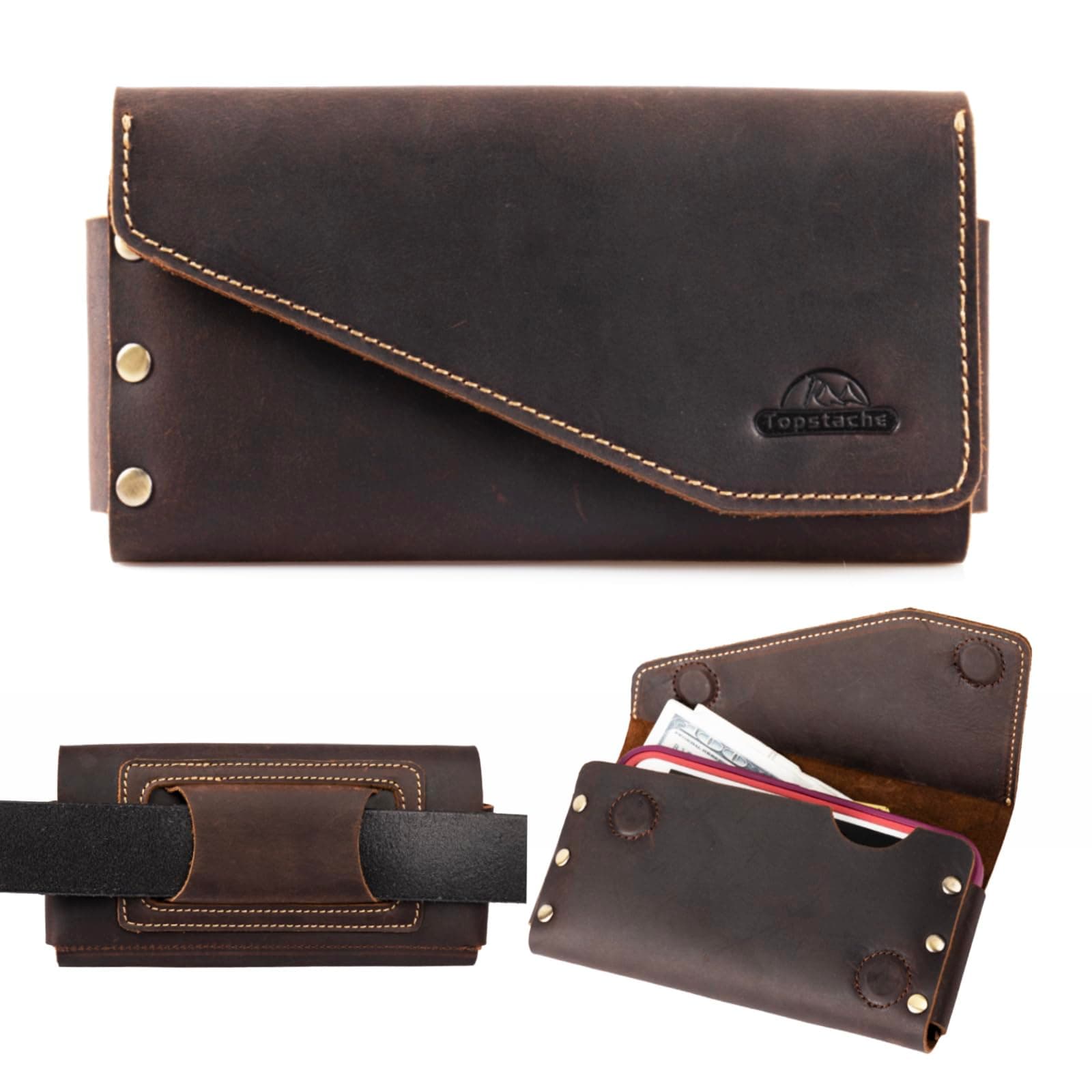 Topstache Leather Phone Holster for iPhone 17/16/15 Pro Max, Galaxy S25/S24 Ultra - Belt Loop Cell Phone Case - Leather Card Holder Wallet Belt Pouch - Fit Protective Case on, XL,Darkbrown
