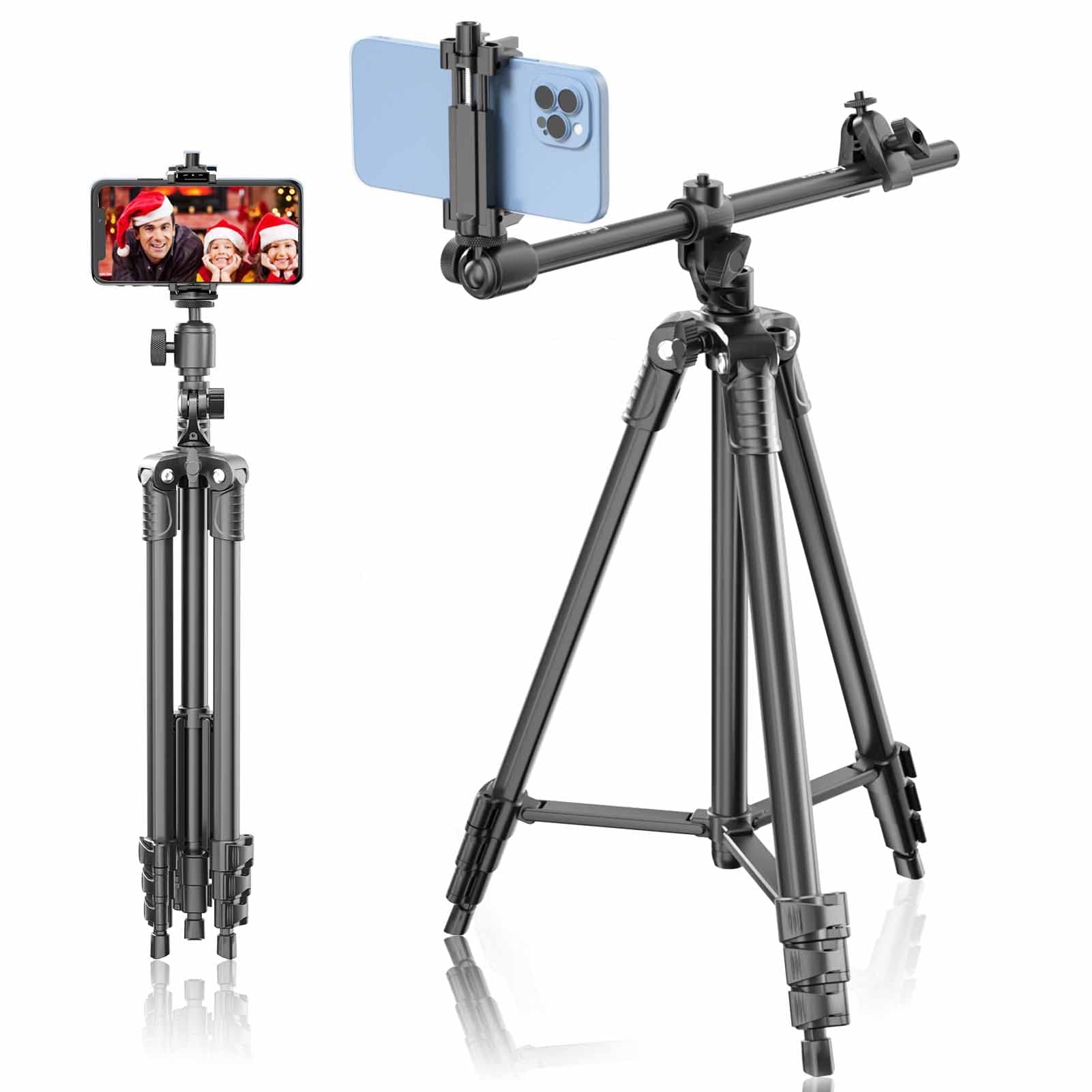 Lusweimi Phone Tripod, 67-inch Horizontal Tripod Stand with 360° Adjustable Ball Head and Wireless Remote for Camera/iPhone/Webcam, Tripod for Video Recording with Extended Arm/Clip Mount/Carry Bag