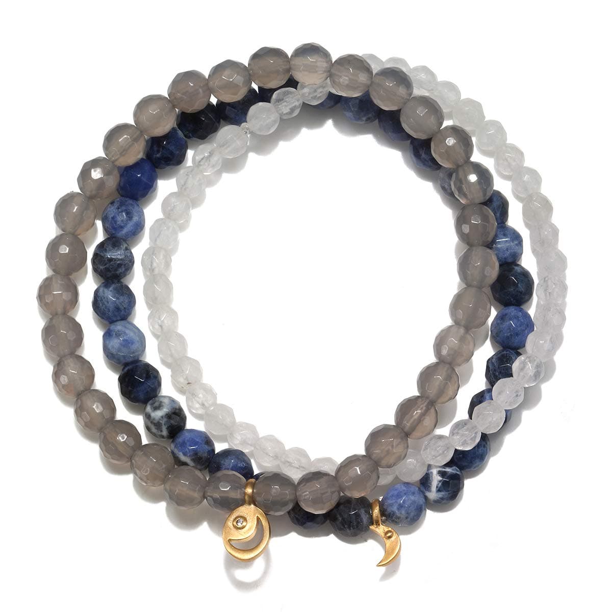 Satya Jewelry Women's Sodalite, Grey Agate, White Jade Gold Moon Stretch Bracelet Set, One Size, Blue