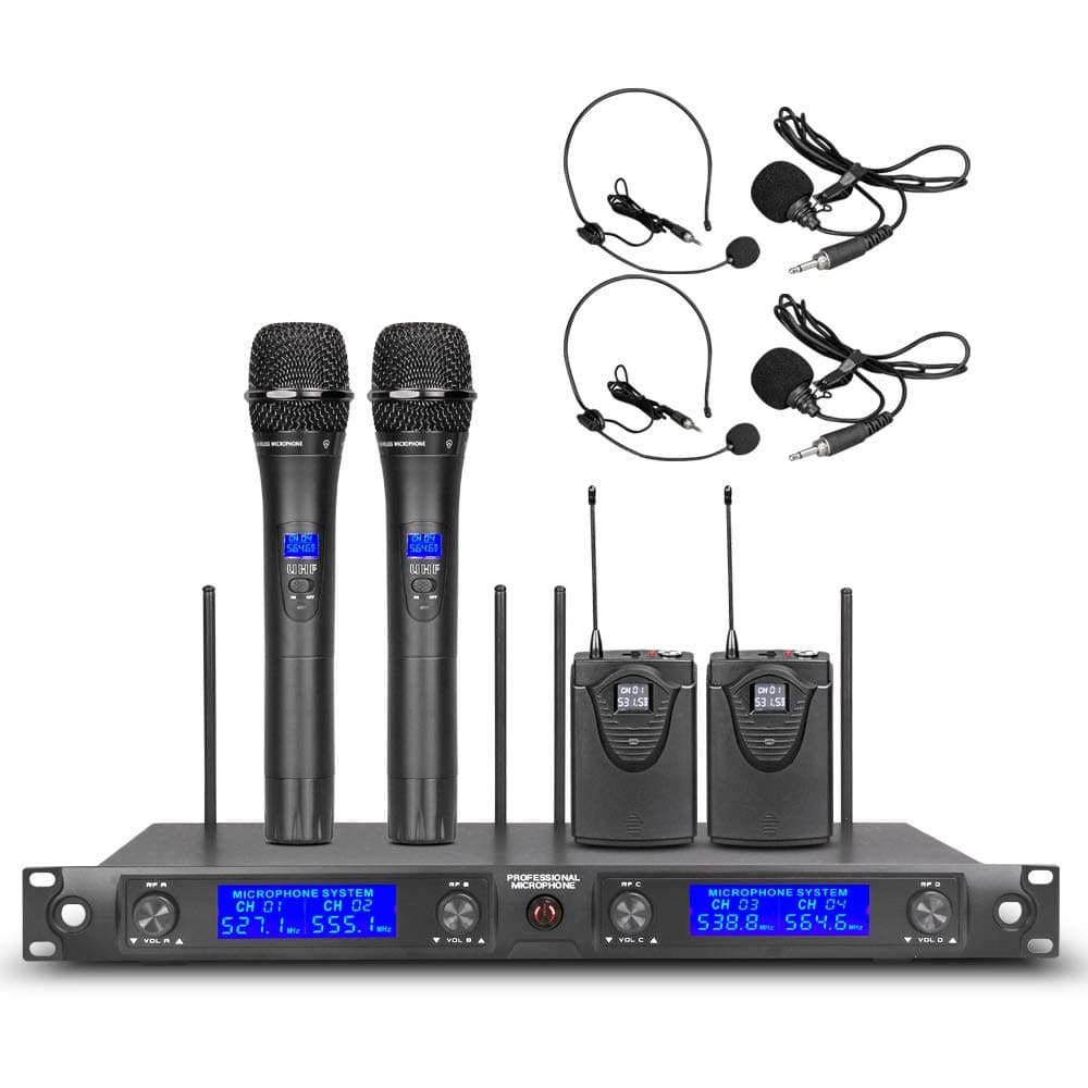 4 Channel Wireless Microphone System UHF 2 Handheld Transmitter 2 Headset Lavalier Lapel Mic 2 Bodypacks Whole Metal Dynamic Micswith New FCC Frequency for Party Wedding Church Conference Speech