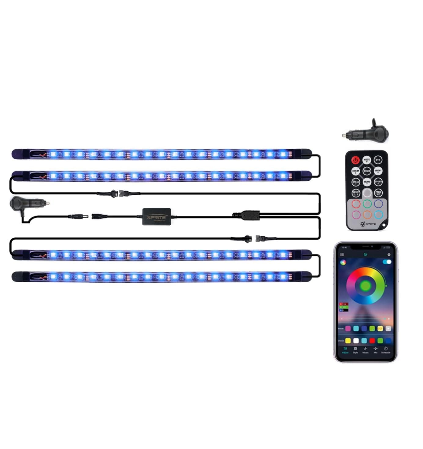 Xprite RGB LED Car Interior Bluetooth Light Strips w/Remote & Control Box, Silicone Sealed, Under Dash Footwell Lights Kit w/Cigarette Adapter for Vehicle Internal SUV Truck - 4 PCS