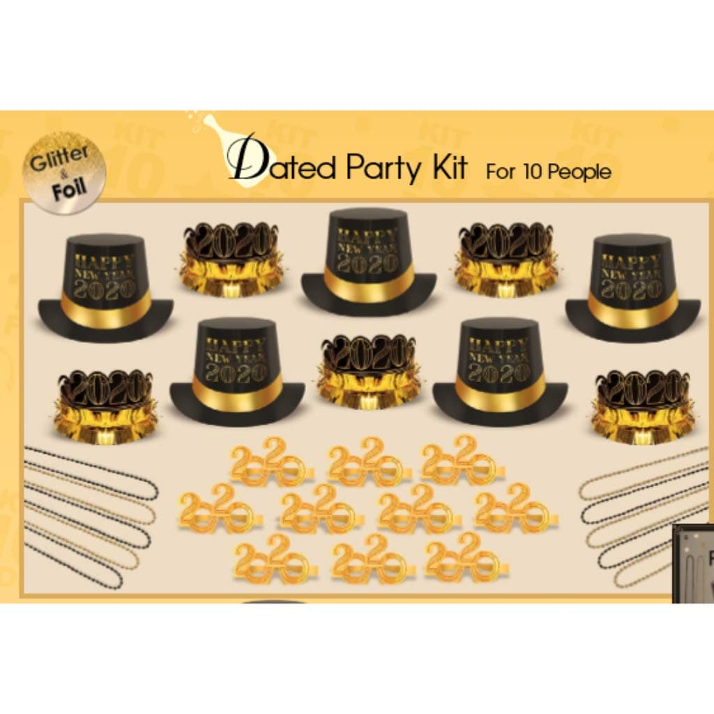 2020 New Year’s Eve Party Kit for 10 People: 5 Top Hats, 5 Tiaras, 10 Bead Necklaces, 10 Pairs of 2020 Glasses