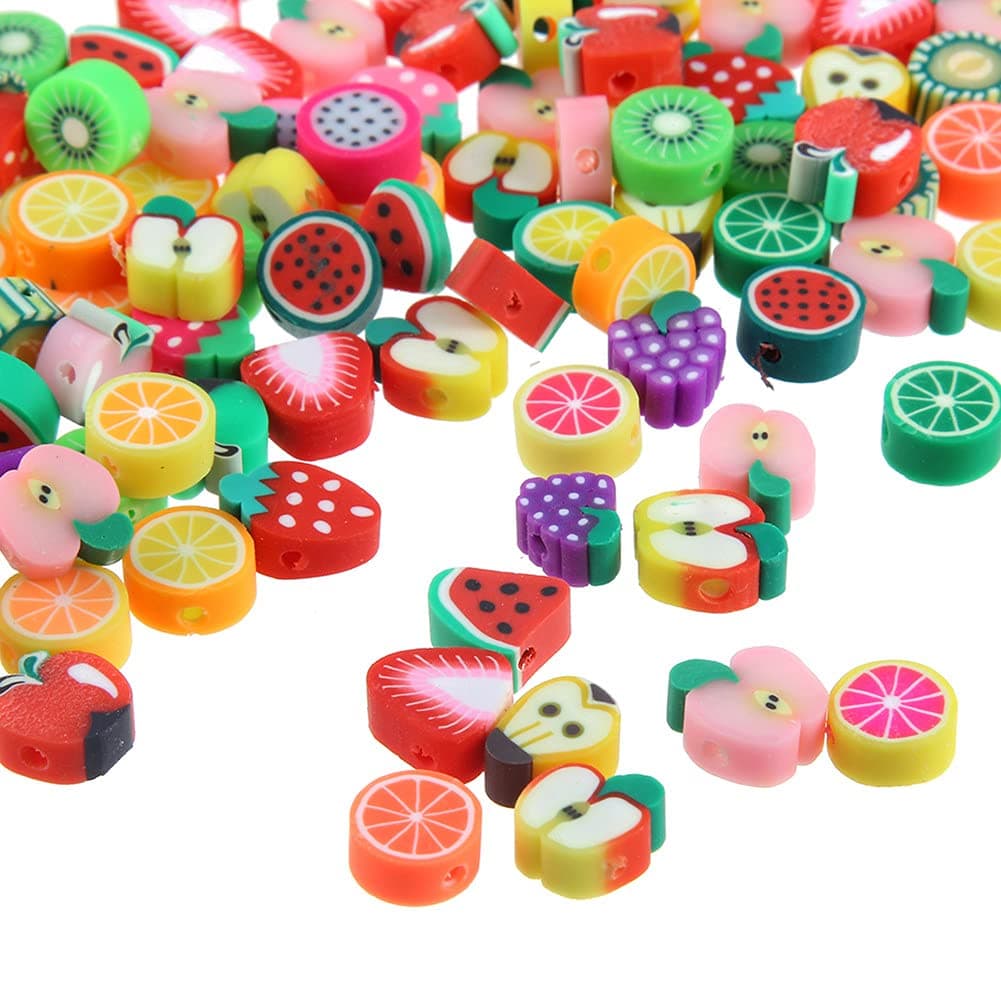 MSCFTFB 200 Pieces 2/5 inch Fruit Charms with Holes Small Polymer Clay Spacer Beads Flatback Thick Slices Pendants for DIY Beading Jewelry Making Keychain Accessories