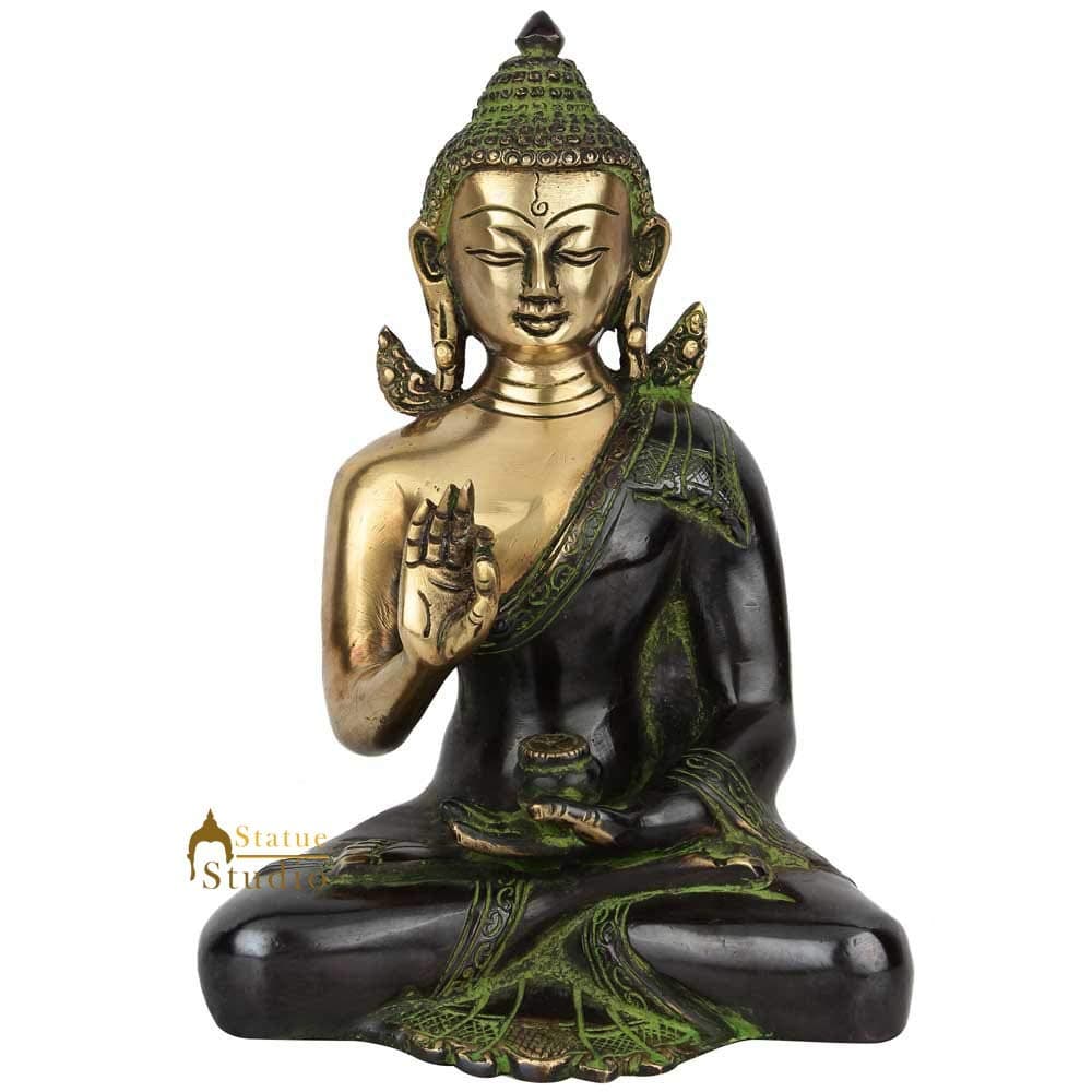 StaueStudio Ashtamanglam Vintage Chinese Buddha Statue in Blessing Mudra Brass Showpiece Idol for Living Room Meditaion Gift Vastu Figurine Black (5.5 X 3.5 X 8 Inch)