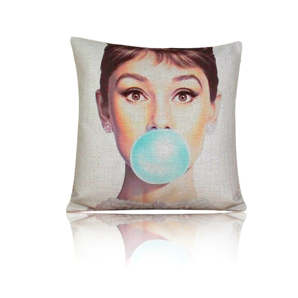 MARY ST 45x45cm Cotton Linen Decorative Throw Pillow Cover Cushion Case, Audrey Hepburn and Marilyn Monroe with bubble blue and pink (Audrey Hepburn)