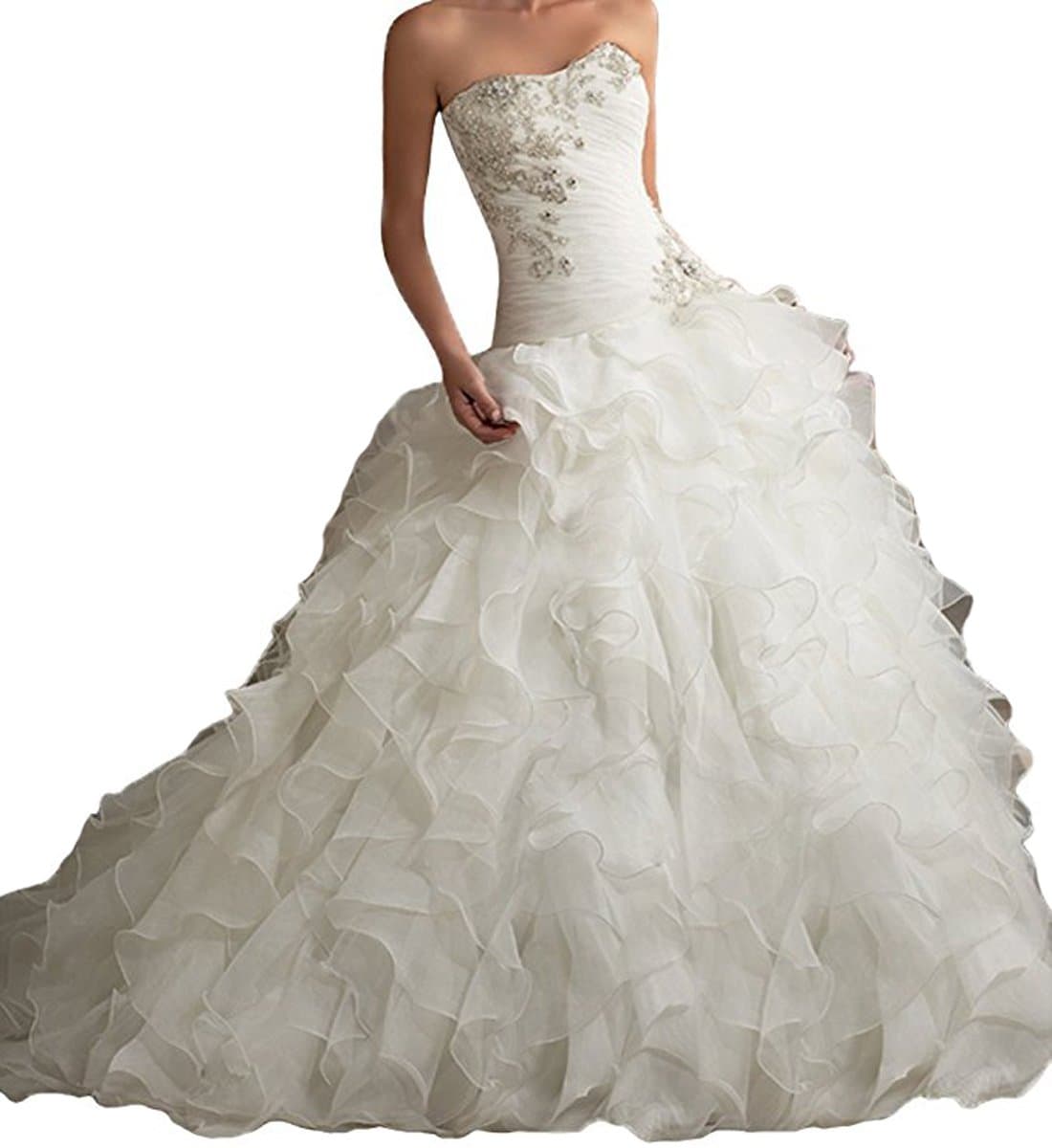 Women's Organza Sweetheart Neckline Cascading Ruched Wedding Dress White 14