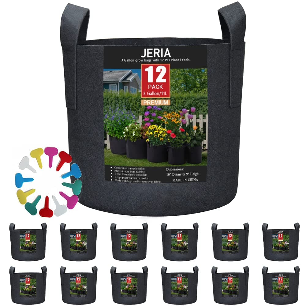 JERIA 12-Pack 3 Gallon, Vegetable/Flower/Plant Grow Bags, Aeration Fabric Pots with Handles (Black) ，Come with 12 Pcs Plant Labels