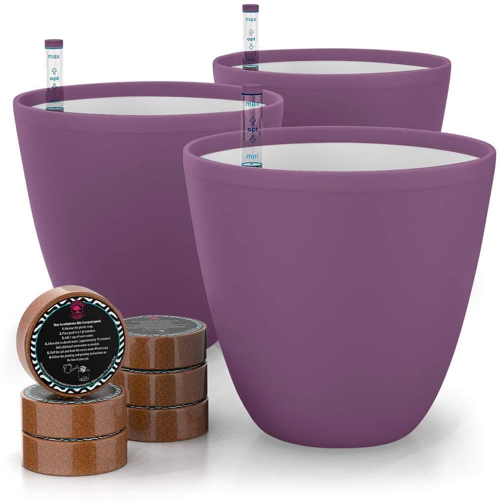 GARDENIX DECOR Self Watering Pots for Indoor Plants 3 Pack - Flower Pot with Water Level Indicator for Plants, Grow Tracking Tool - Self Watering Planter Plant Pot - Coco Coir - Purple
