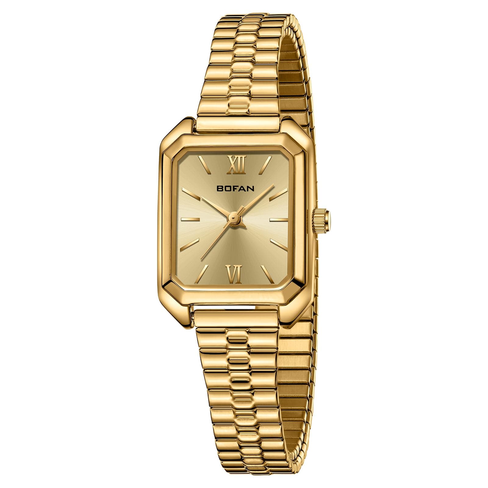 BOFAN Square Small Gold Watches for Women Easy Read Ladies Quartz Wrist Watch with Stainless Steel Expansion Band,Water Resistant.