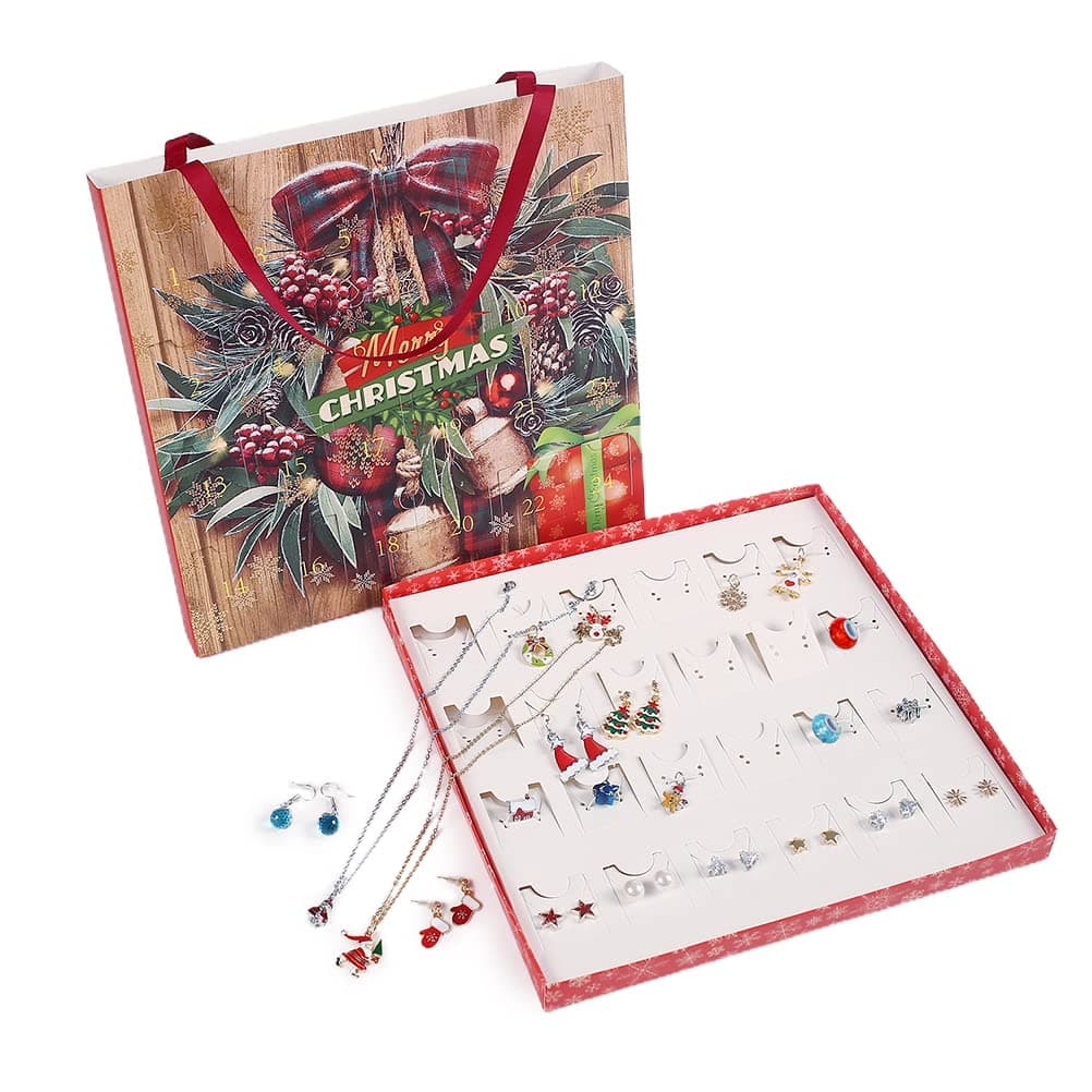 Hidyliu 24 Days Christmas Countdown Calendar, Xmas Themed Hair Accessories, Earrings, Necklace, DIY Charms Jewelry Gift Box Set, Silver-plated Alloy Materials, for Wife Daughter Mom Adult Girls Kids