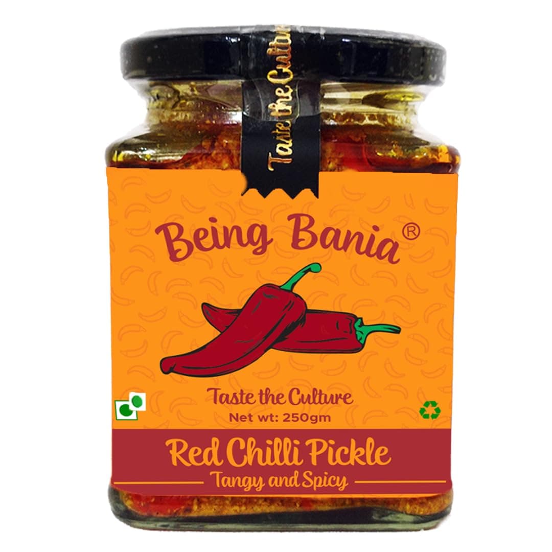 Being Bania Stuffed Red Chilli Pickle - 100% Natural | No preservatives | Bharwa mirch ka achar | 250g in Jar | Fresh Pickles | Lal Mirchi