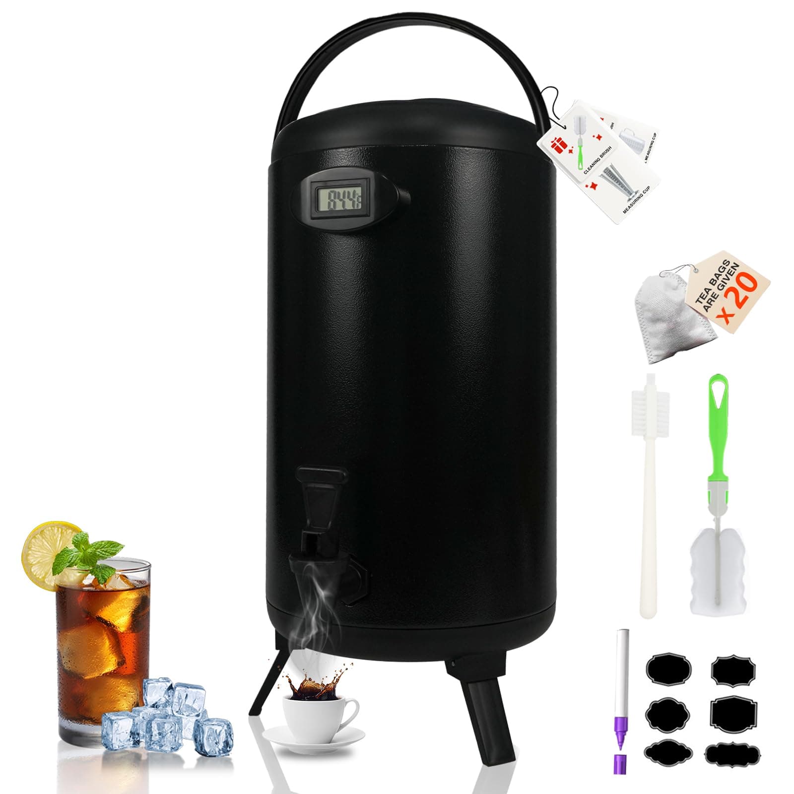 Insulated Beverage Dispenser 3.2 Gallon - Thermal Hot Beverage Dispenser, Hot and Cold Drink Dispenser with Spigot for Hot Water Coffee Chocolate Tea Cold Milk Cocoa, Black, Non-electric, US-NEW2