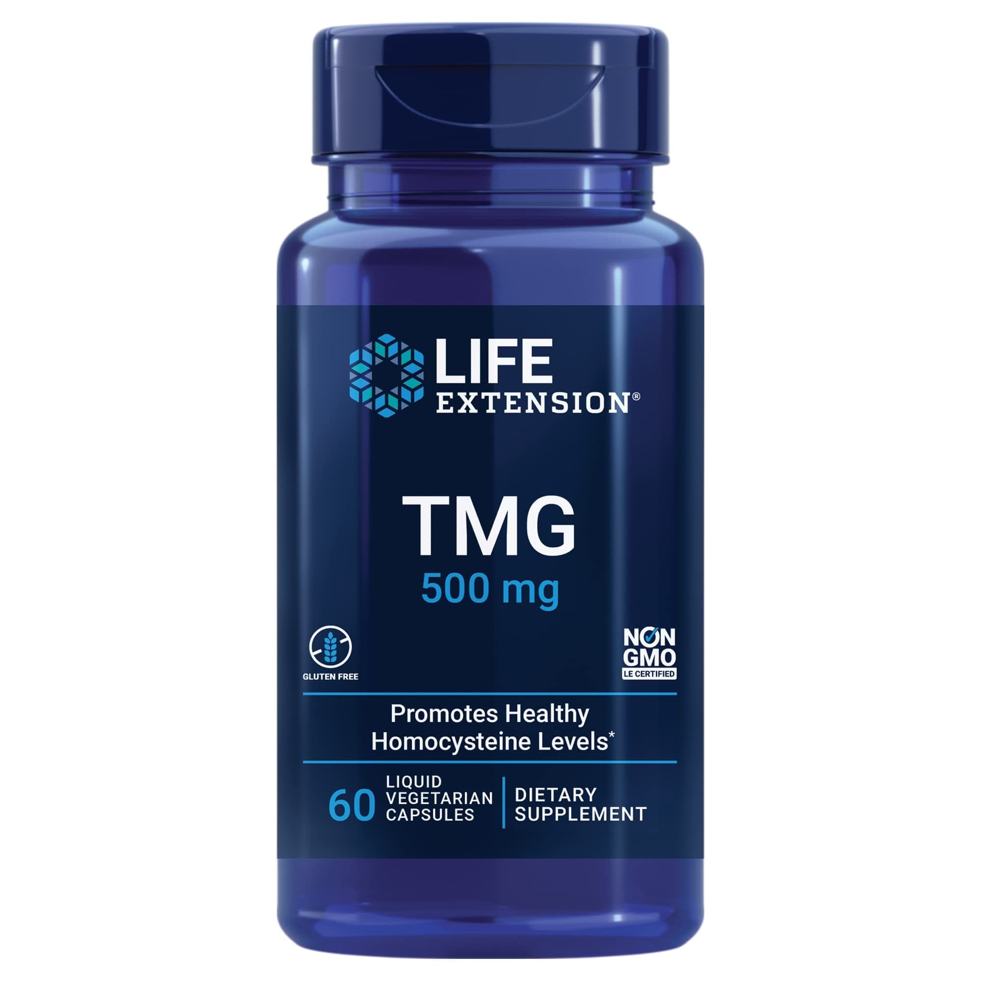 Life Extension TMG, trimethylglycine, Encourages Healthy homocysteine Levels, Non-GMO, Gluten-Free, Vegetarian, 60 Capsules