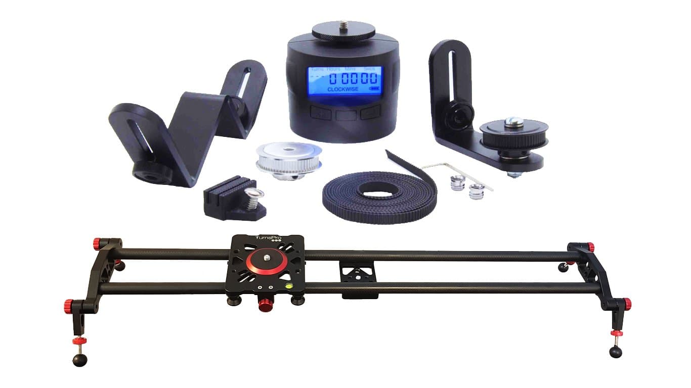 Motorized Camera Slider bundle. Sliding timelapse starter kit for DSLR up to 3Kg. Contains '80cm carbon fiber slider', 'TurnsPro : Slider Edition' and 'Motorised Slider Adaptor Kit'.