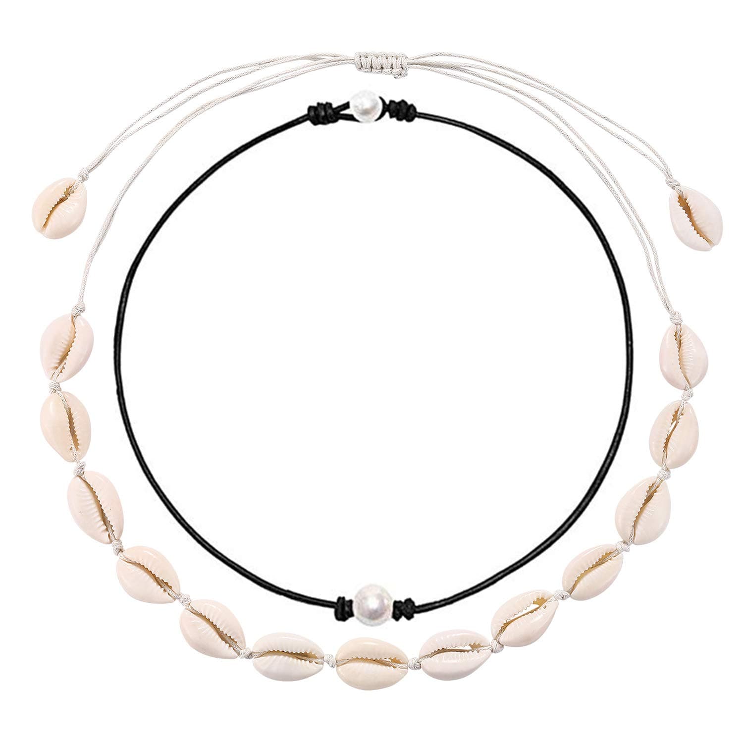 ASELFAD Shell and Pearl Choker Set Natural Cowrie Shell Necklace for Women Vsco Puka Shell Necklace Adjustable Hawaiian Beach Seashell Necklace