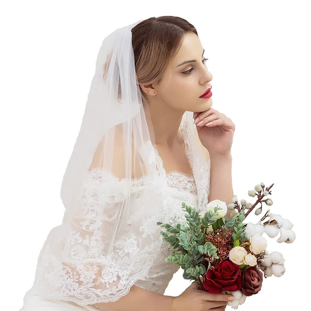 Brishow Brides Wedding Veils White Tulle Bridal Veil Flowers Edge Long Veils with Comb for Women and Girls