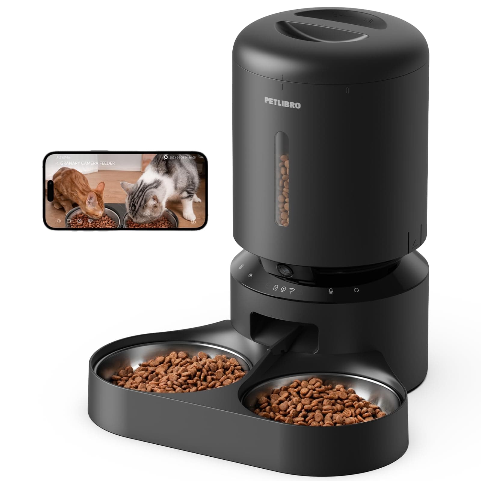 Automatic Cat Feeder with Camera, 1080p HD Live Monitoring, Remote App Food Dispensing Dual Bowl, Two-Way Audio Interaction, AI Motion Detection, Black
