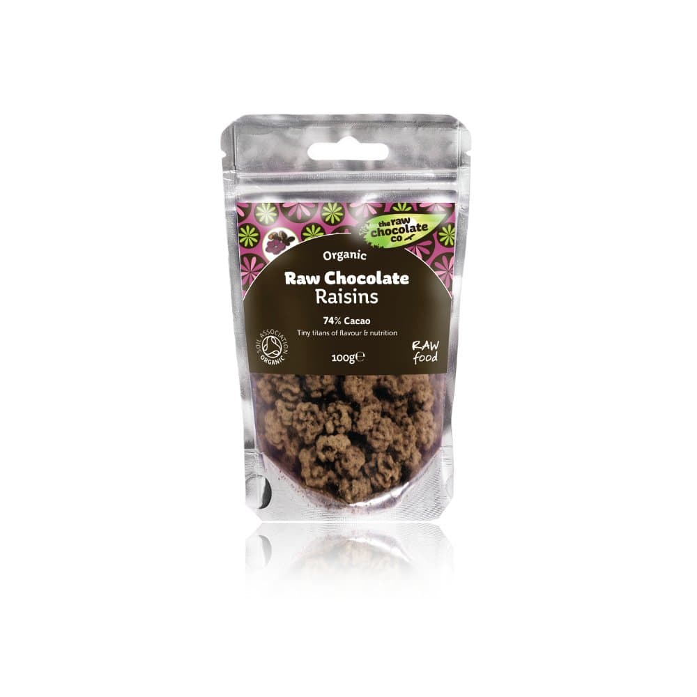 The Raw Chocolate Company Company Limited Organic Raisins Covered With Organic Raw Chocolate And Dusted With Organic Raw Cacao Powder 100G