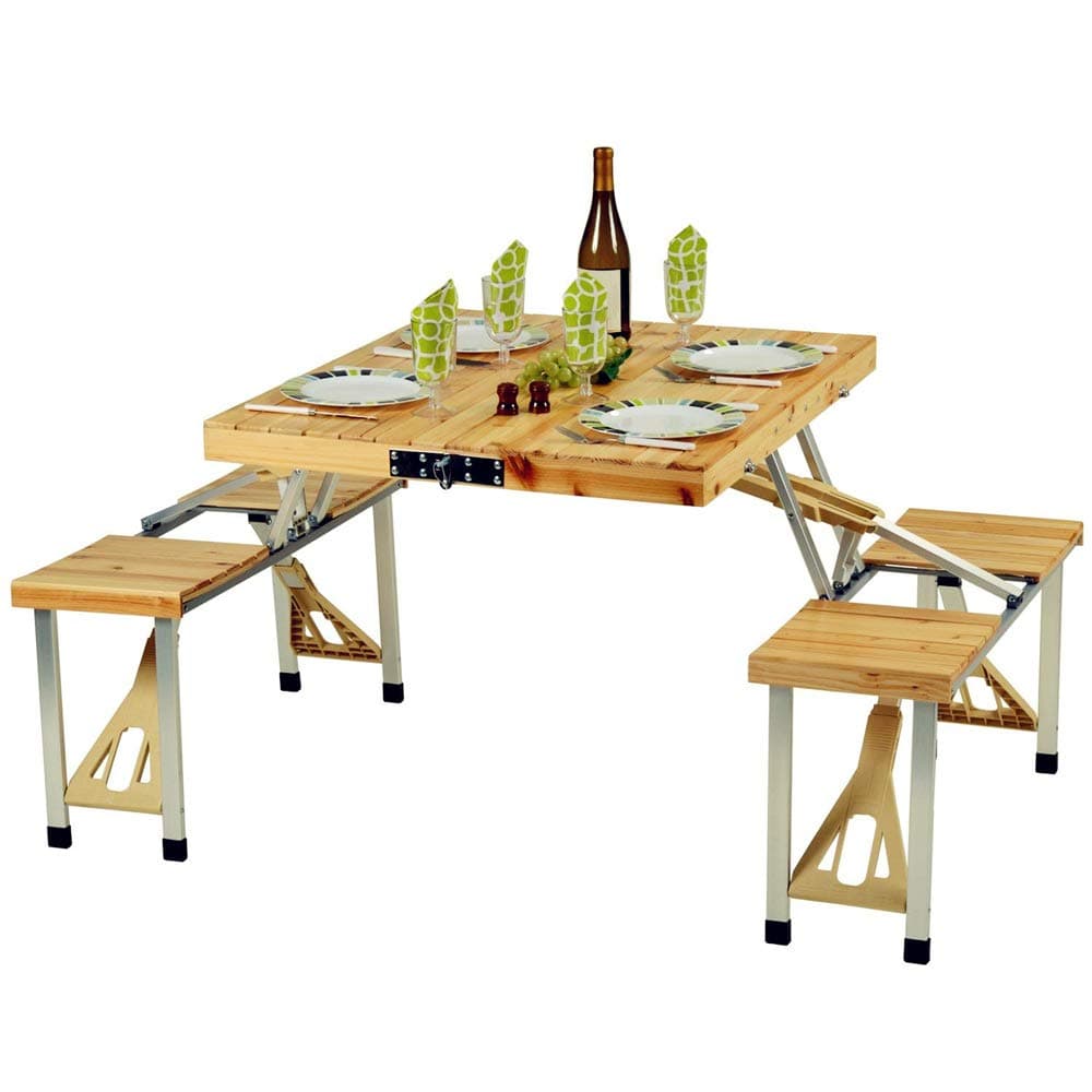 Outdoor Compact Solid Wood Picnic Table, Folding Camping Table with 4 Pine Chairs, Portable Camping Table with Umbrella Hole, for Camping, Barbecue