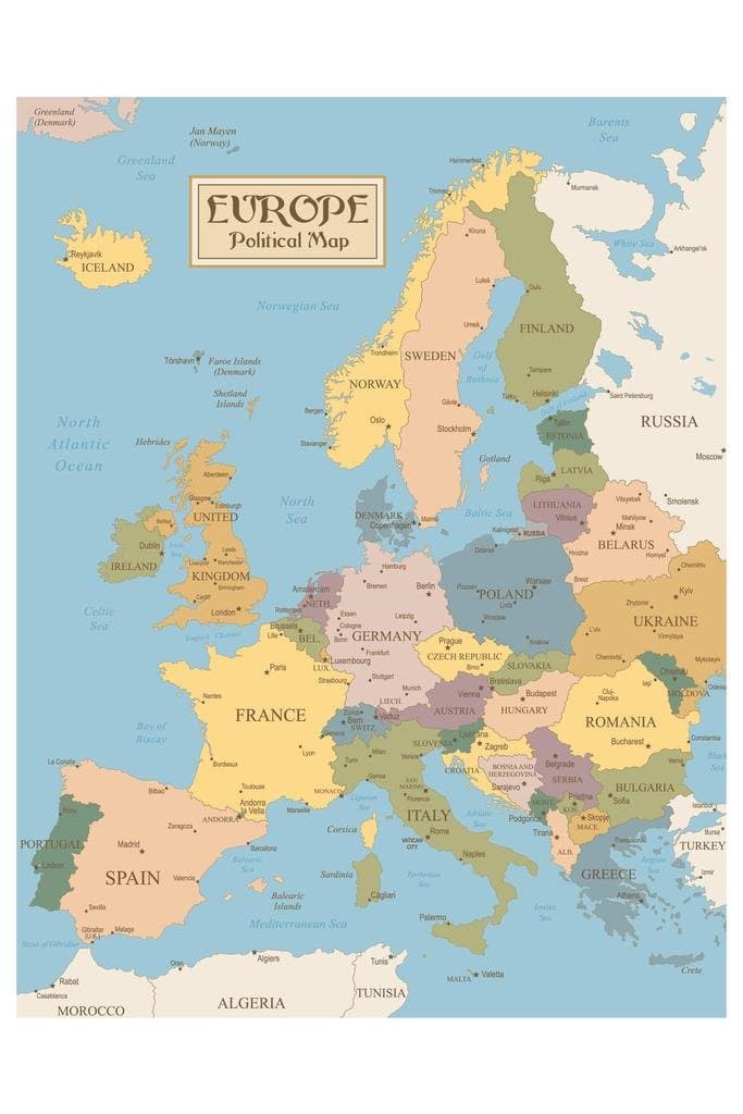 Laminated Vintage Map of Europe - Travel World Political Cities in Detail Poster - Geographical Illustration Tourist Destinations - Dry Erase Wall Art 24x36 Map – Wall Map, 16 July 2024