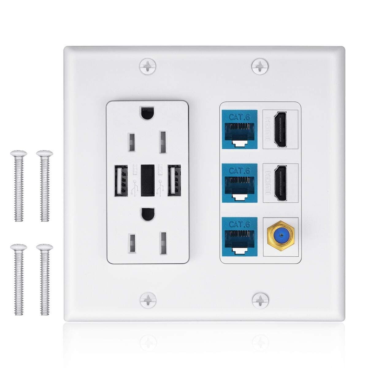 Wall Plate with LED Lighting 2 Power Outlet 15A with Dual 3.6A USB Charger Port, IQIAN 3CAT6 RJ45 Ethernet + 2HDMI HDTV + Coaxial Cable TV F Type Keystone Face Plate White