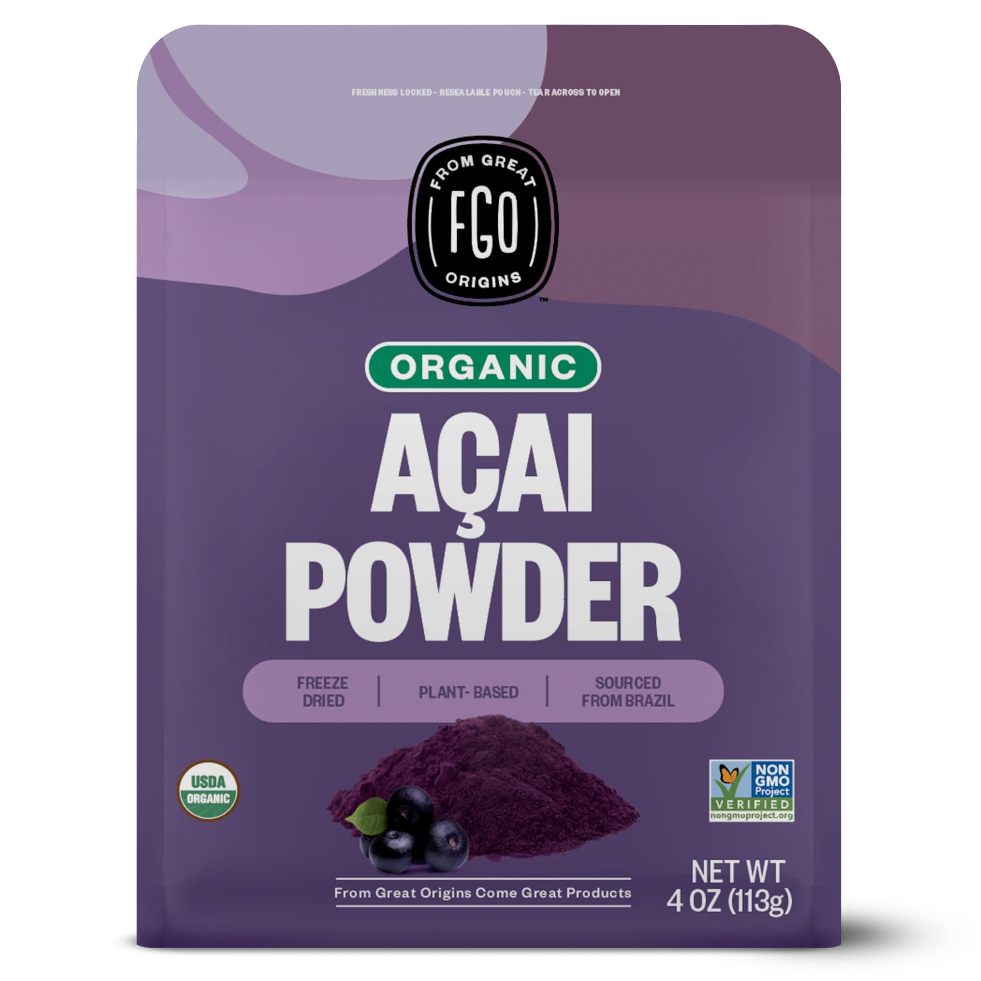 FGO Organic ACAI Powder (Freeze-Dried), 100% Raw Superfood Berry from Brazil, 4oz (Pack of 1)