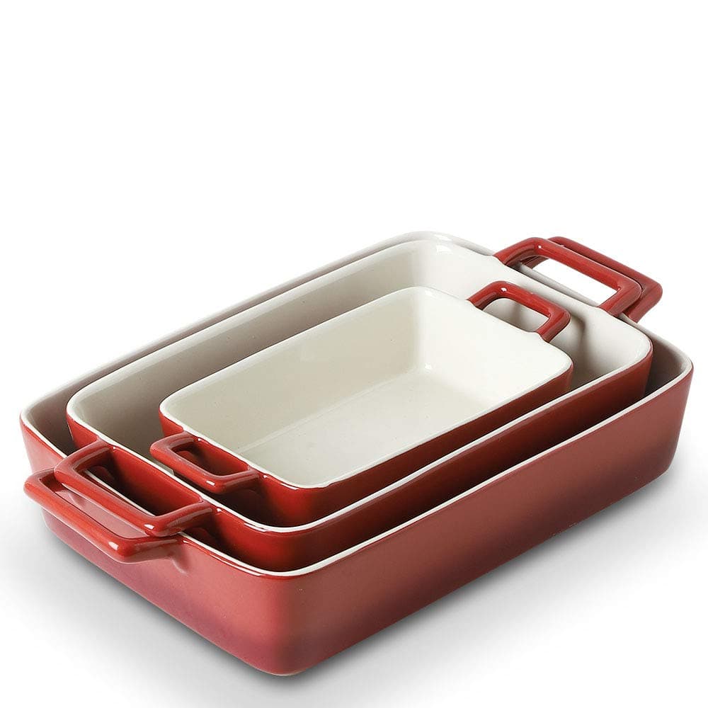 KOOV Bakeware Set, Ceramic Baking Dish, Rectangular Baking Pans Set, Casserole Dish for Cooking, Cake Dinner, Kitchen, Wrapping Upgrade, 12 x 8.5 Inches, 3-Piece (Gradient Red)