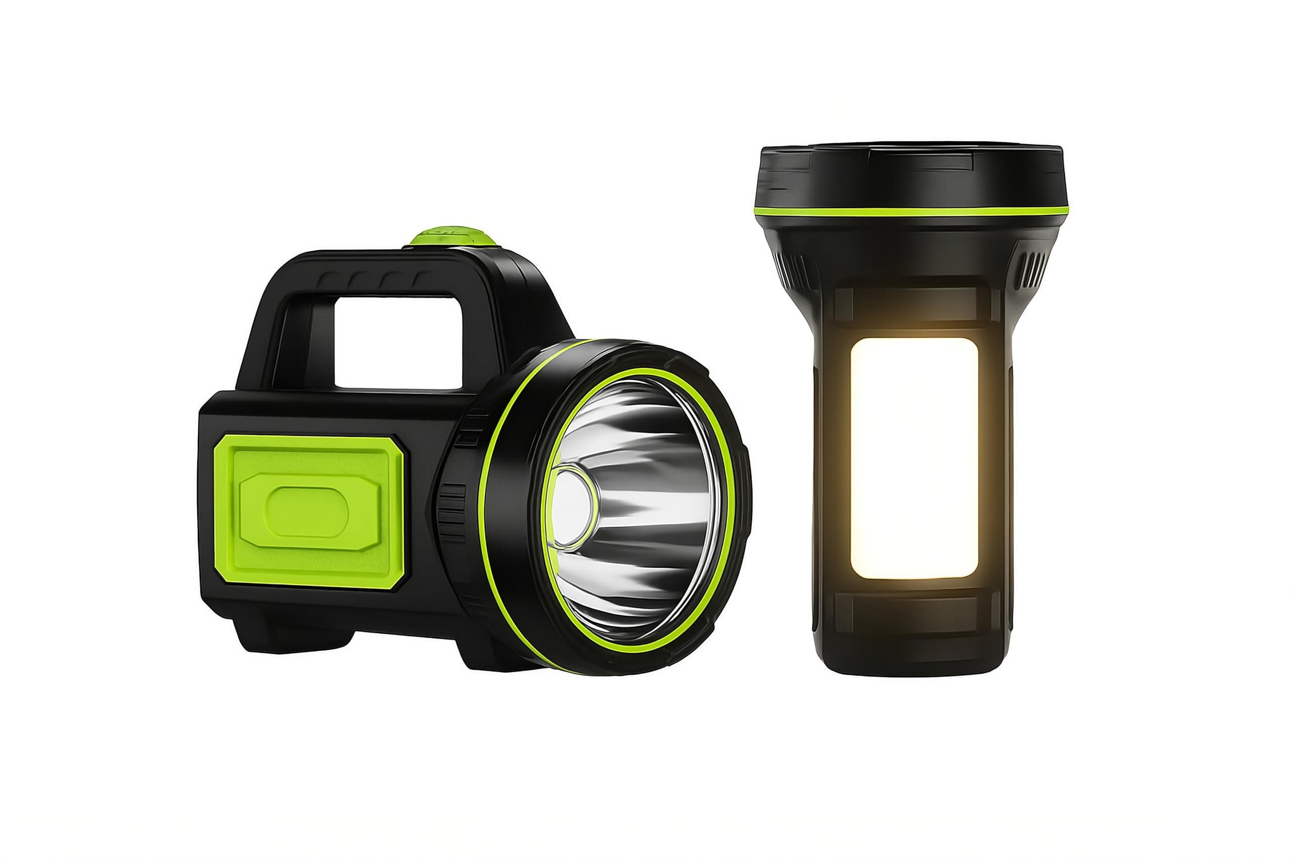 CAMPSLE Rechargeable LED Hand Torch with Side Lantern – Super Bright Flashlight, 2 Light Modes, USB Charging, Compact IPX5 Waterproof Torch for Camping, Fishing & Emergency Uses.