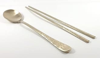 Korean Chopsticks Spoon 1 Set - METAL STAINLESS STEEL Titanium Plating (IVY-Gold 1Set)
