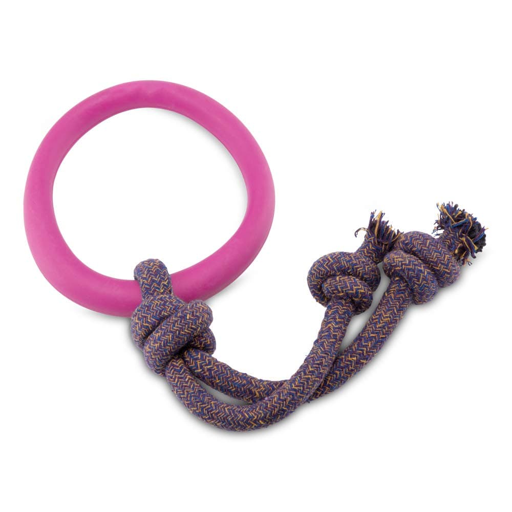 Pets Hoop on Rope - Natural Rubber Hoop and Cotton Rope Tug and Chew Toy for Dogs - L - Pink
